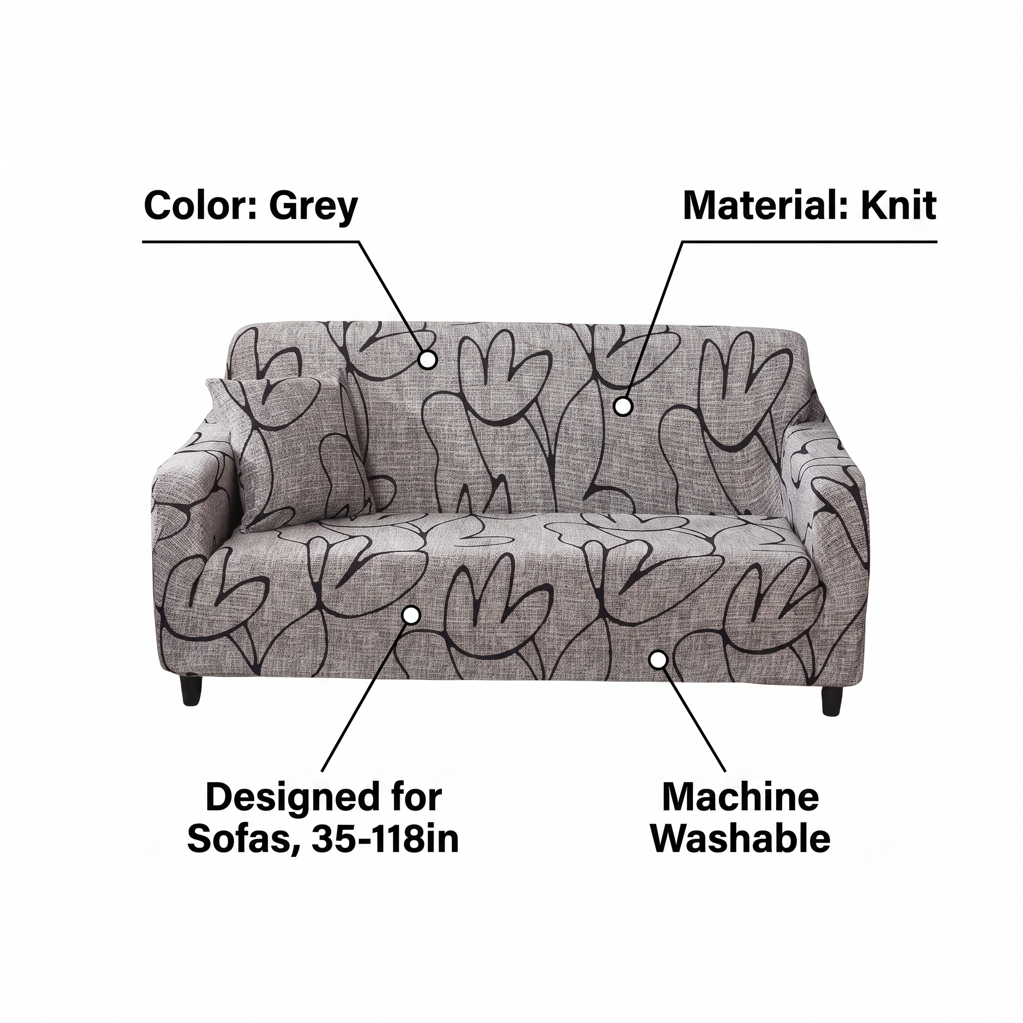 Stretch Sofa Slipcover – Grey Black Floral Line Print – features and specifications overview | Brivenzo