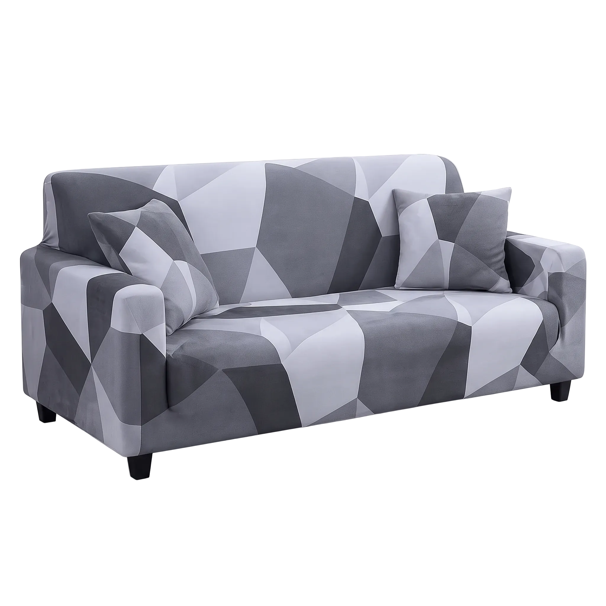 Stretch Sofa Slipcover – Grey Faceted Geometric Print – product photo on a white background | Brivenzo