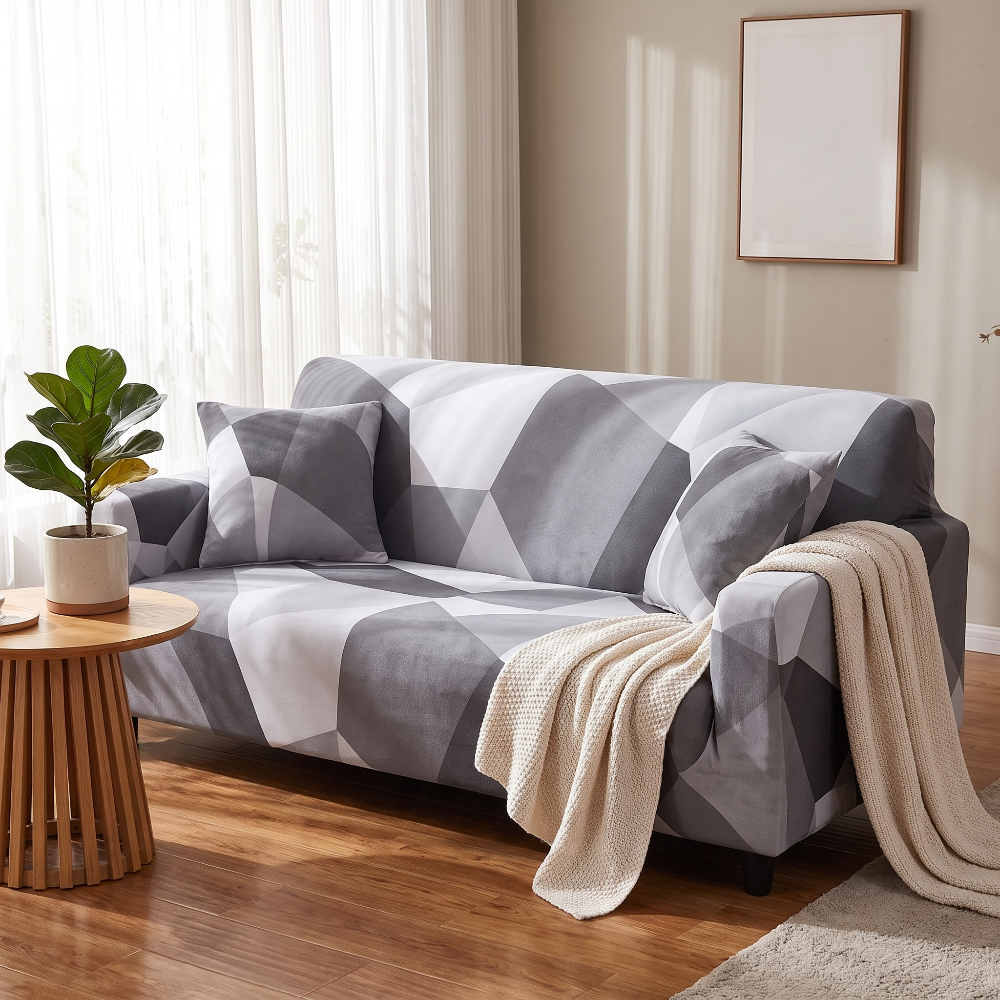 Stretch Sofa Slipcover – Grey Faceted Geometric Print shown in a styled home interior | Brivenzo