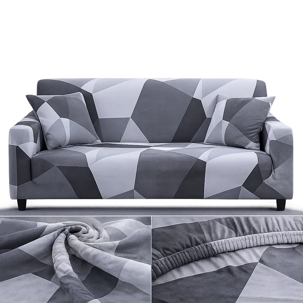 Stretch Sofa Slipcover – Grey Faceted Geometric Print – product view 4 | Brivenzo