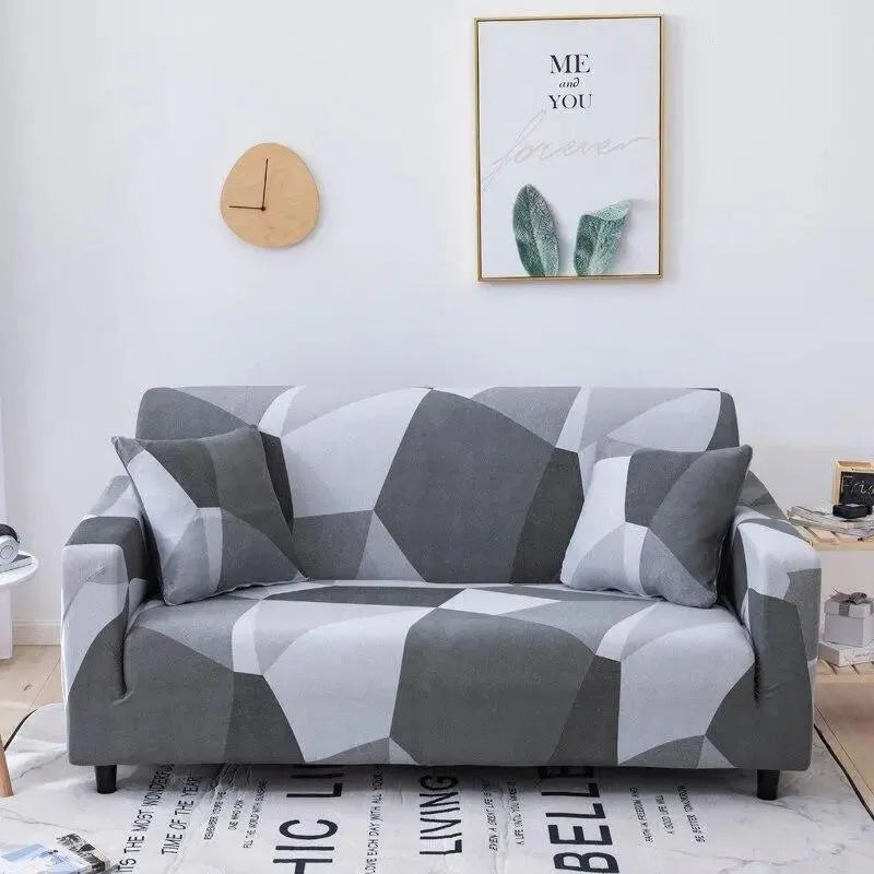 Stretch Sofa Slipcover – Grey Faceted Geometric Print – product view 5 | Brivenzo
