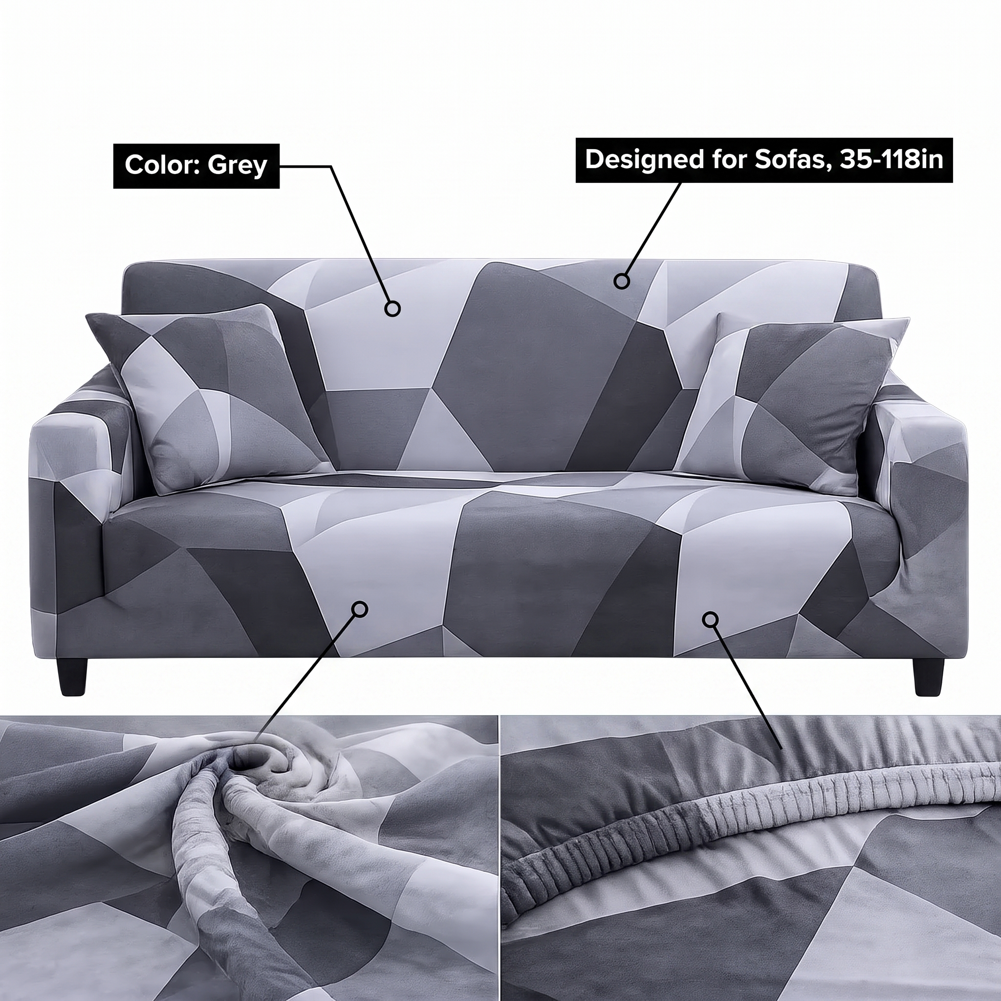 Stretch Sofa Slipcover – Grey Faceted Geometric Print – features and specifications overview | Brivenzo