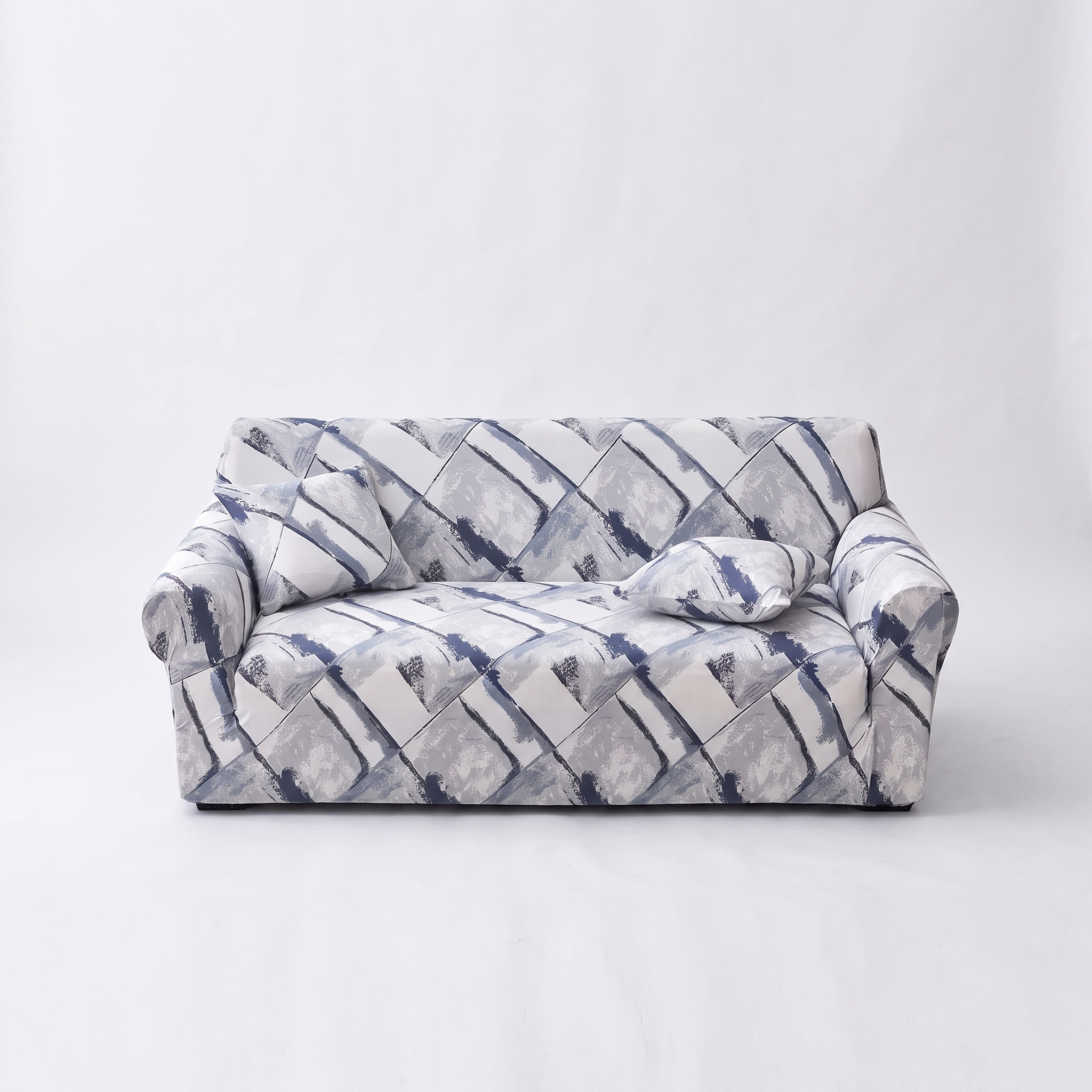 Stretch Sofa Slipcover – Grey Navy Geometric Diamond Print – product photo on a white background | Brivenzo