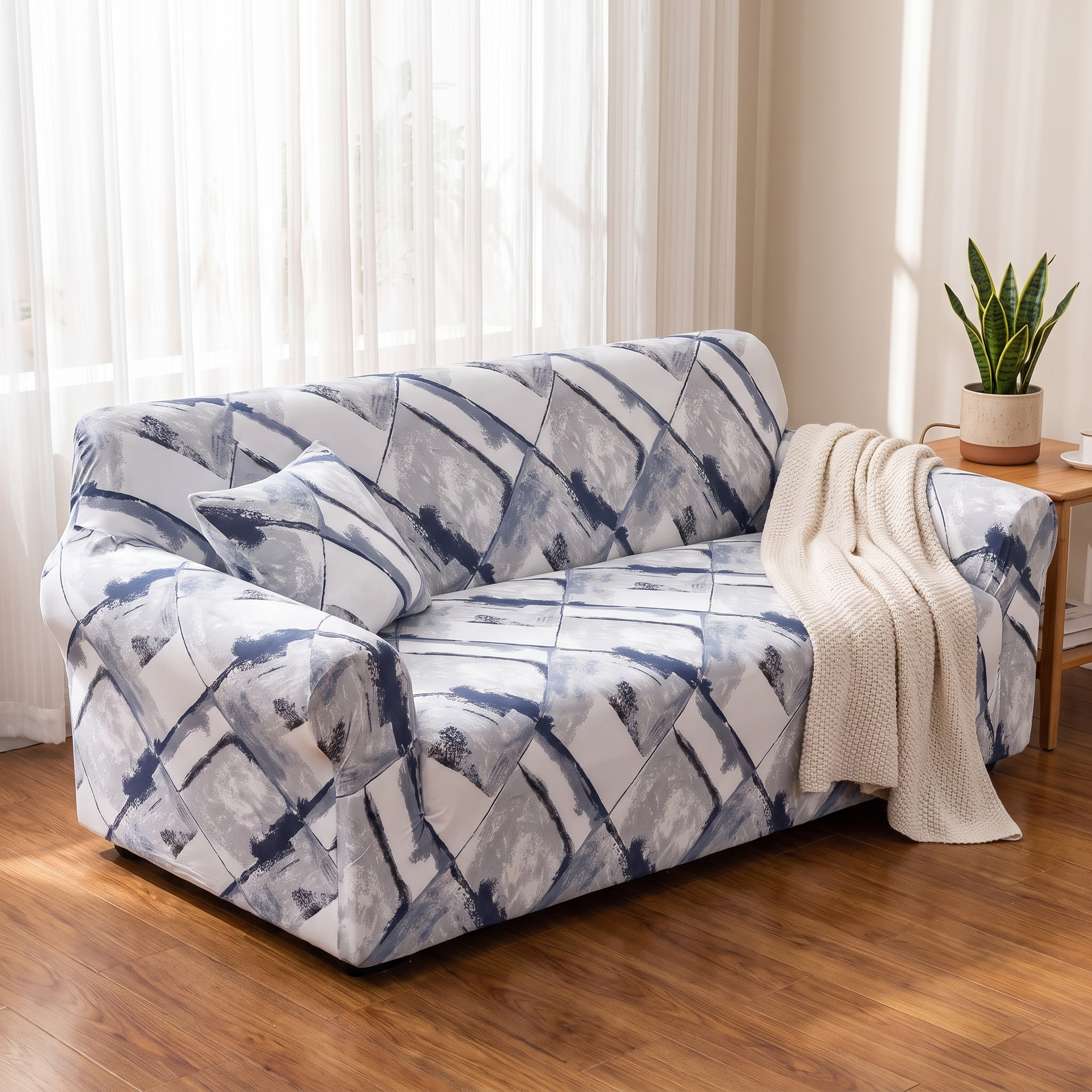 Stretch Sofa Slipcover – Grey Navy Geometric Diamond Print shown in a styled home interior | Brivenzo