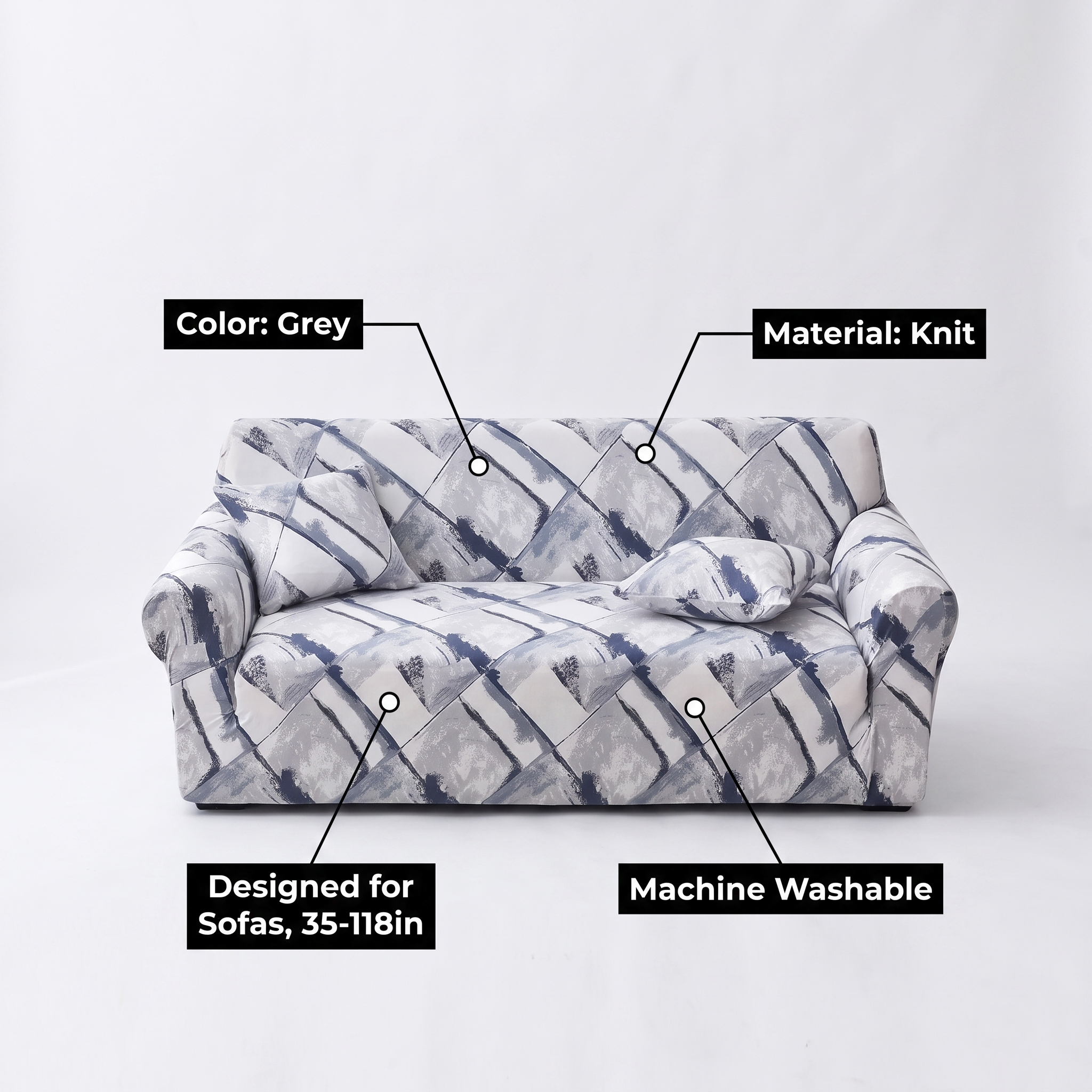 Stretch Sofa Slipcover – Grey Navy Geometric Diamond Print – features and specifications overview | Brivenzo