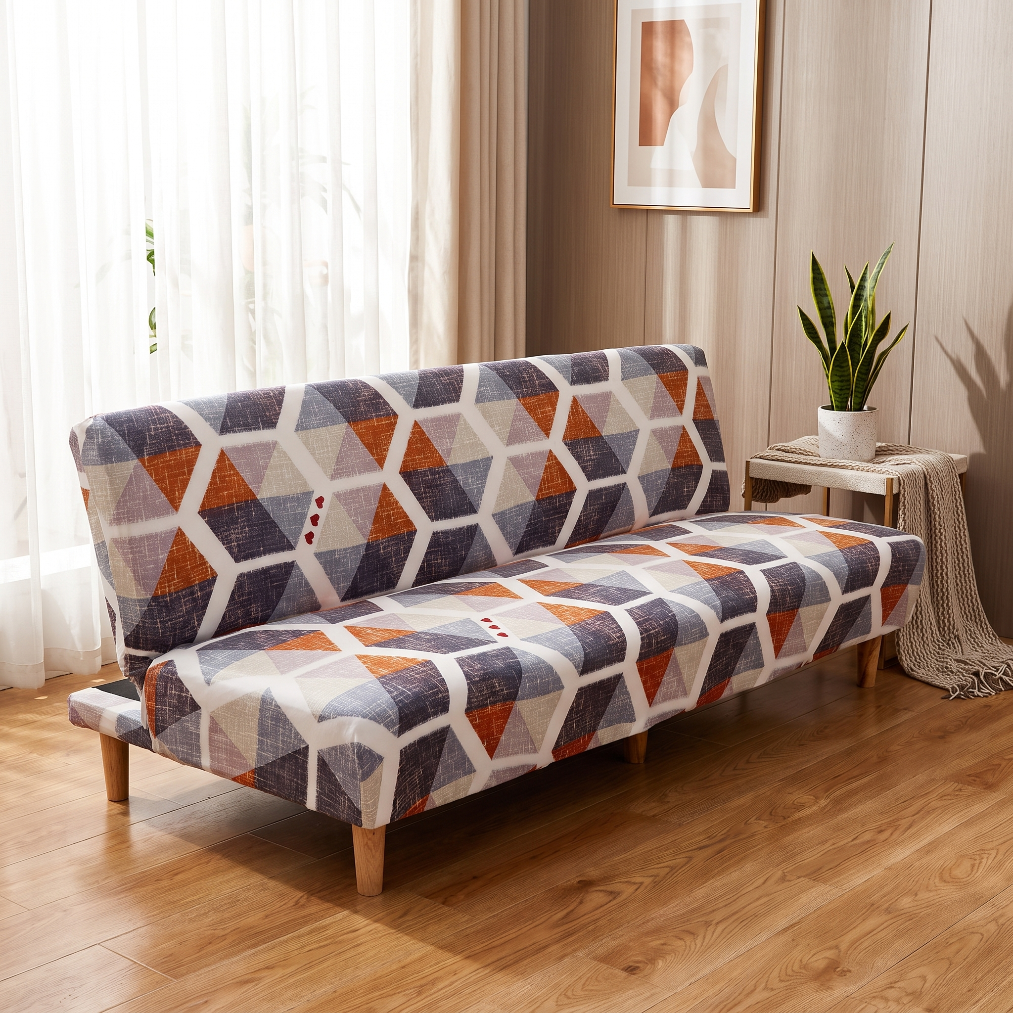 Stretch Sofa Slipcover – Grey Orange Hexagon Print Sofa Bed shown in a styled home interior | Brivenzo