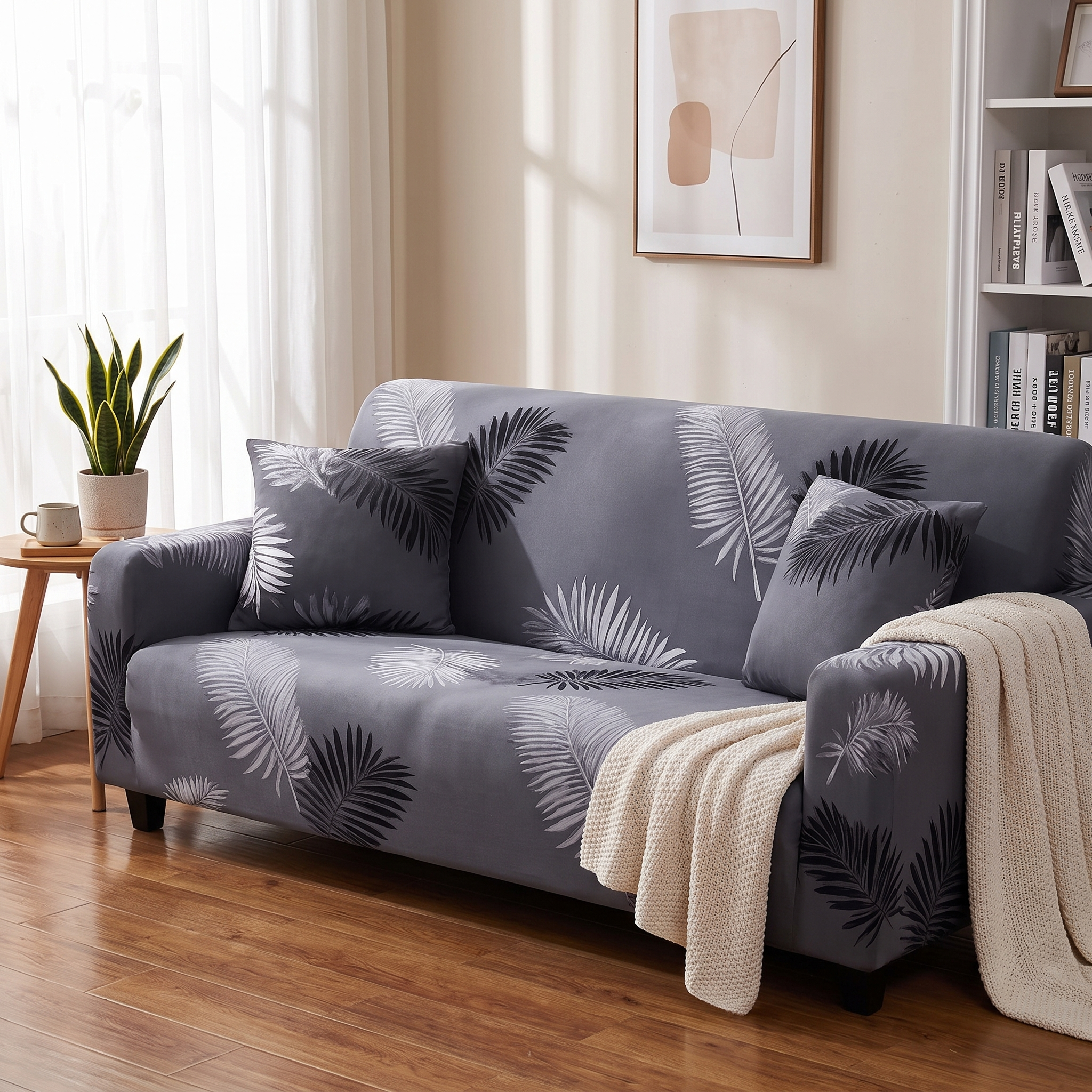 Stretch Sofa Slipcover – Grey Palm Leaf Print shown in a styled home interior | Brivenzo