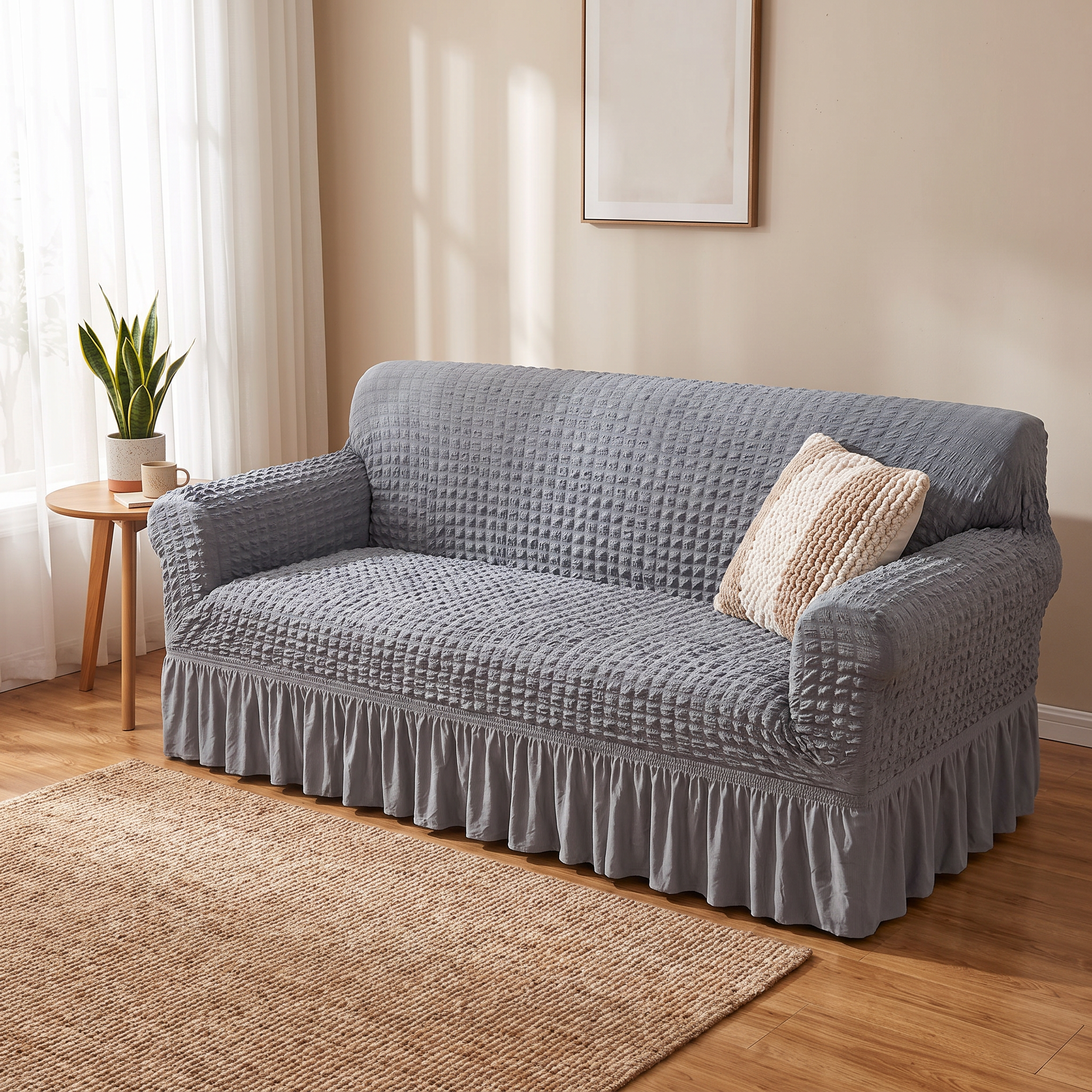 Stretch Sofa Slipcover – Grey Ruffled Skirt shown in a styled home interior | Brivenzo