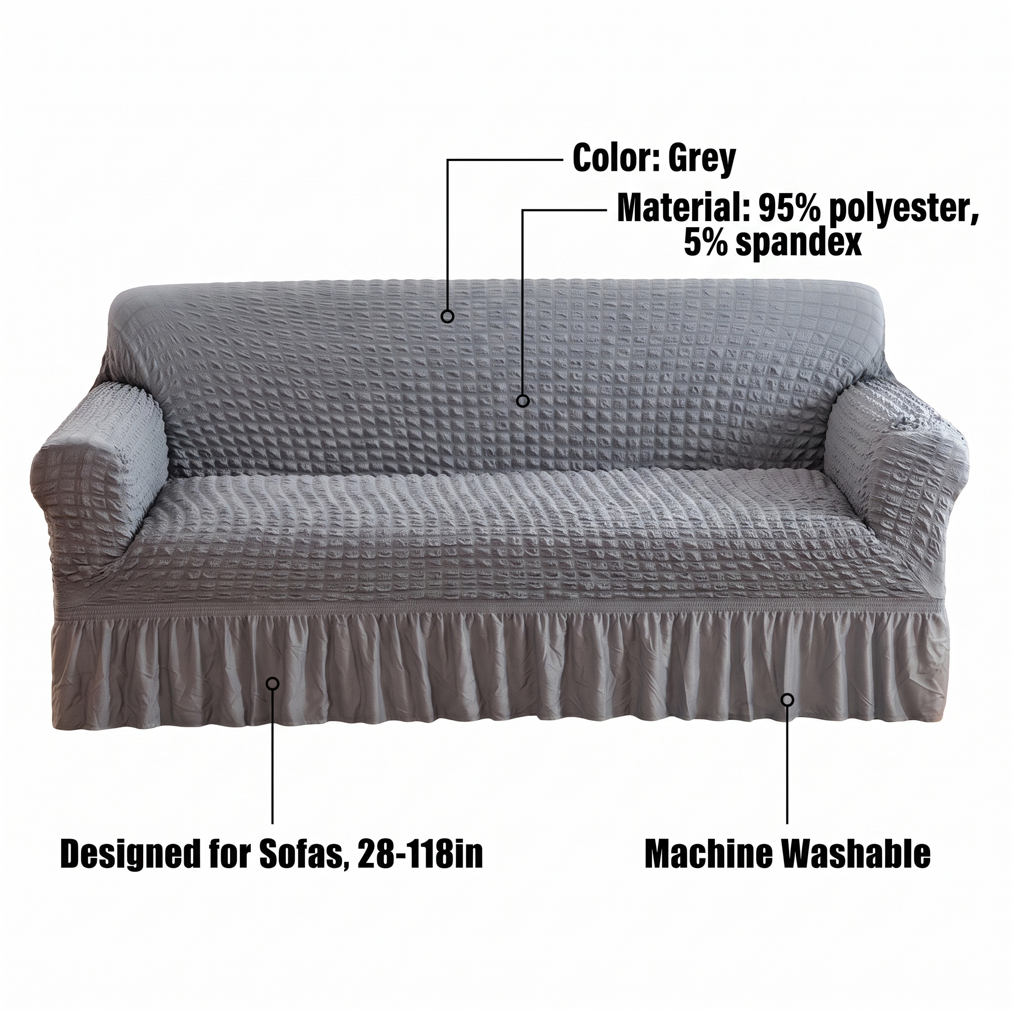 Stretch Sofa Slipcover – Grey Ruffled Skirt – features and specifications overview | Brivenzo