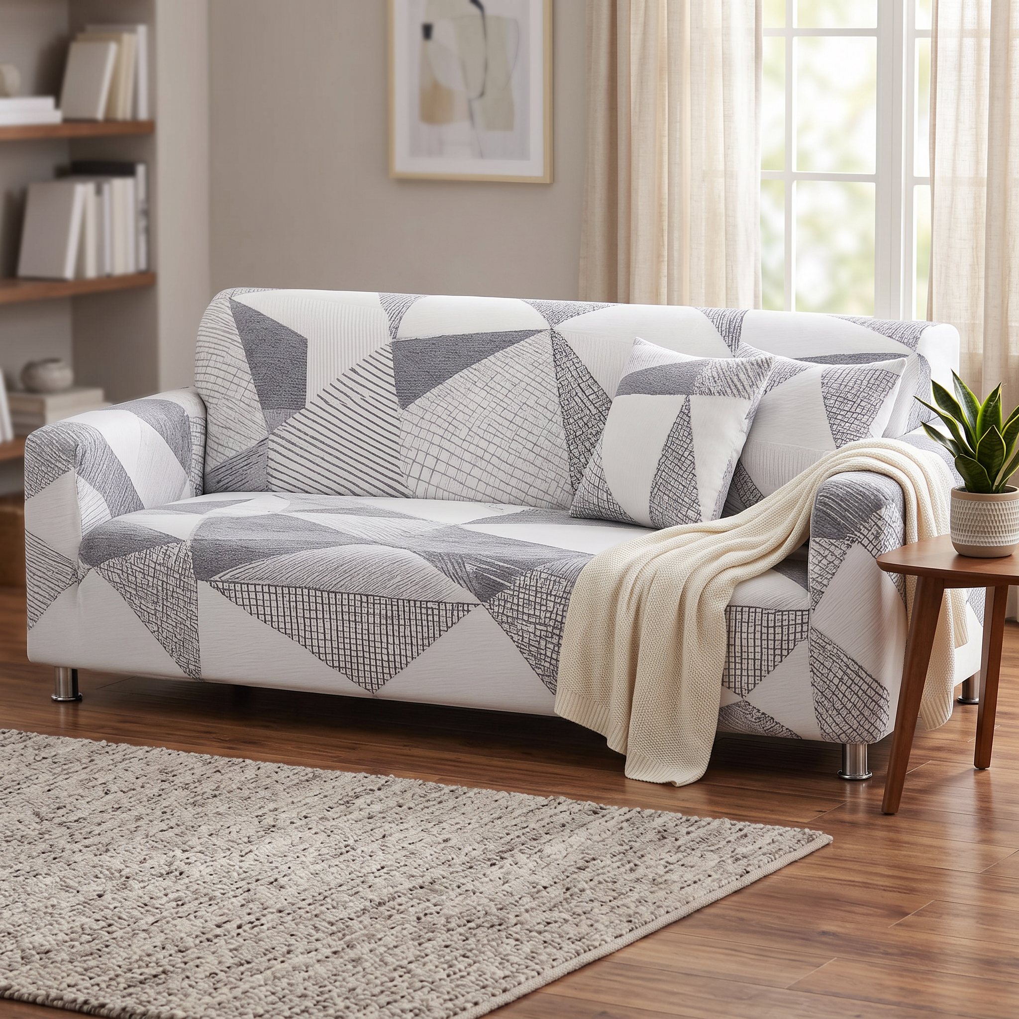 Stretch Sofa Slipcover – Grey Scandinavian Geometric Print shown in a styled home interior | Brivenzo