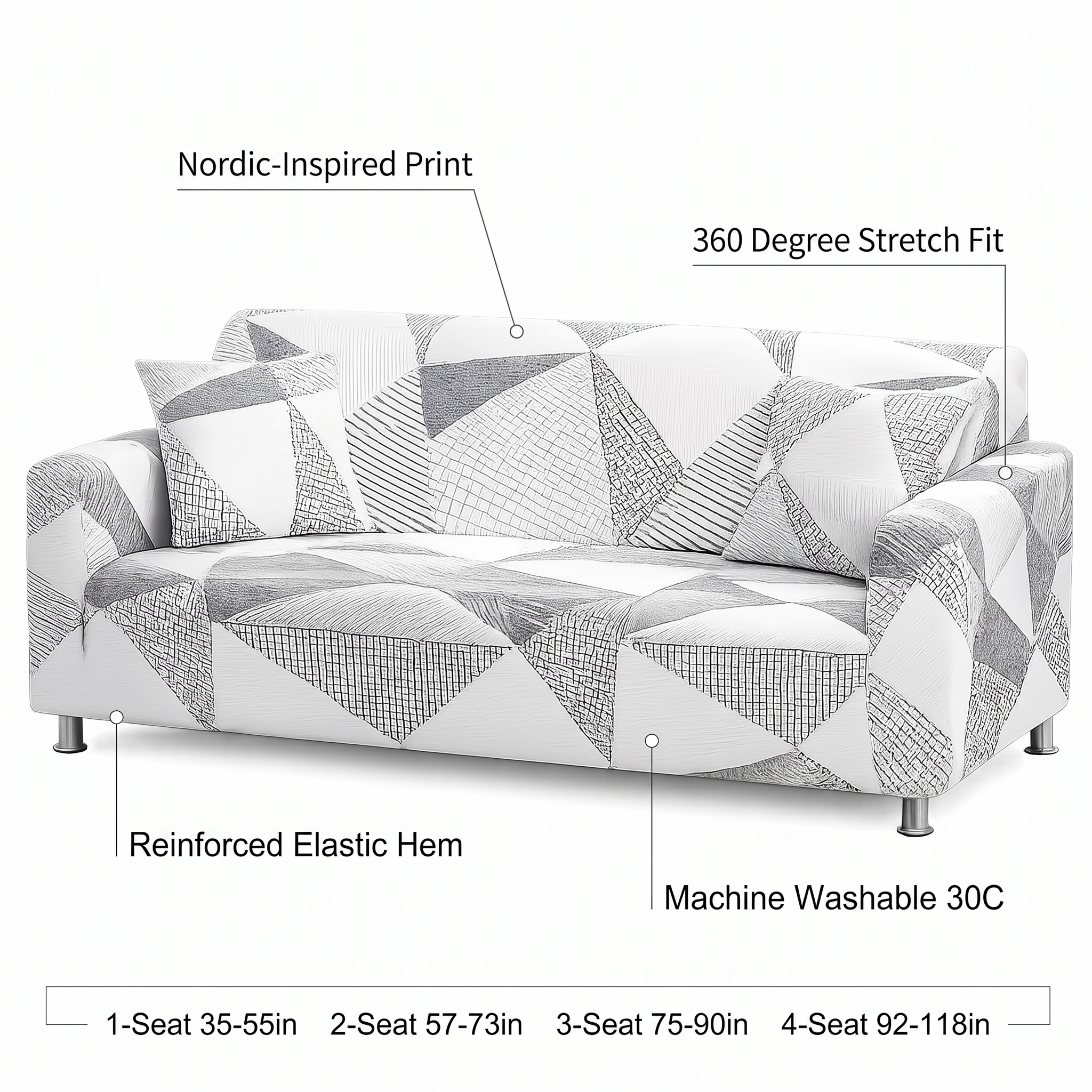 Stretch Sofa Slipcover – Grey Scandinavian Geometric Print – product view 6 | Brivenzo