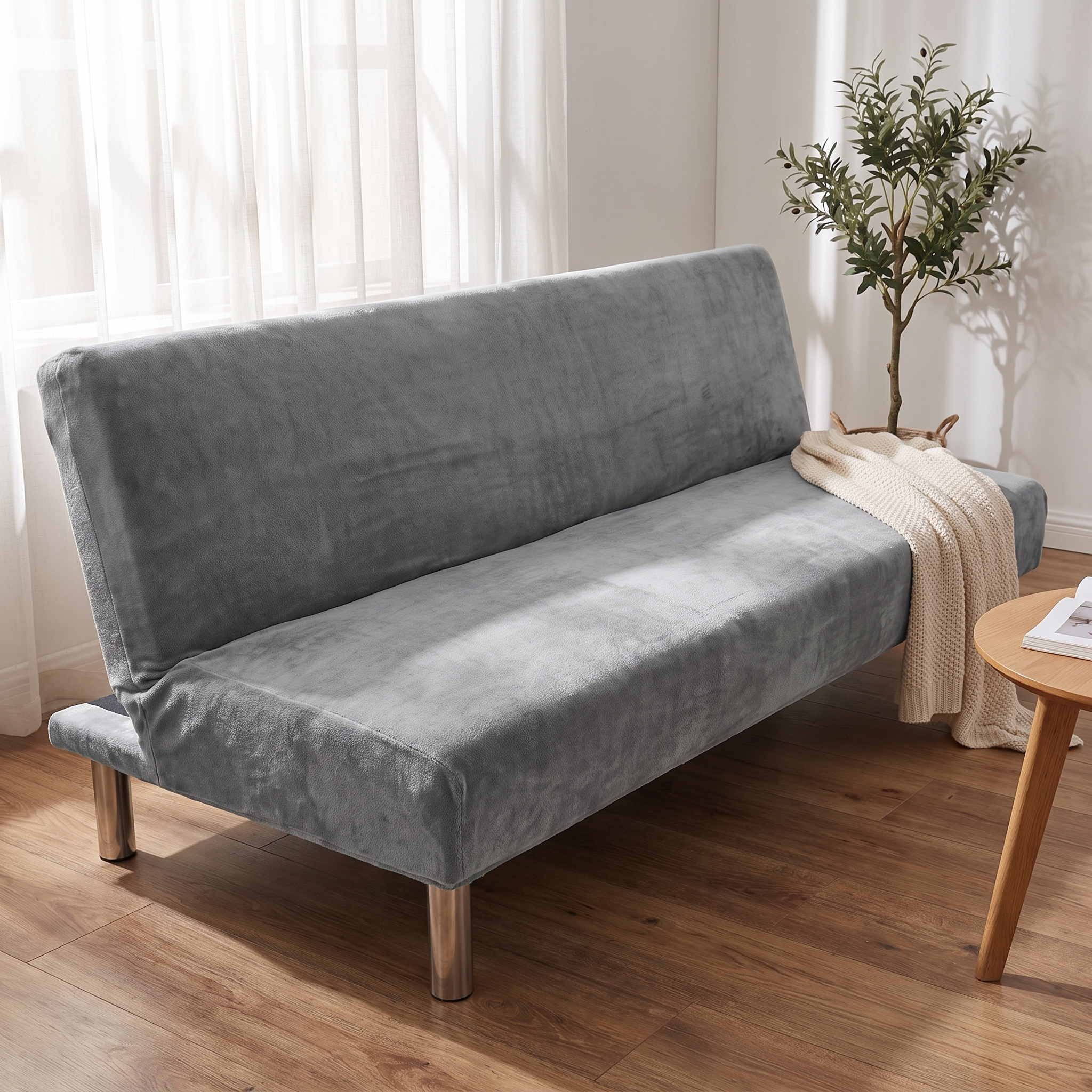Stretch Sofa Slipcover – Grey Velvet Sofa Bed shown in a styled home interior | Brivenzo