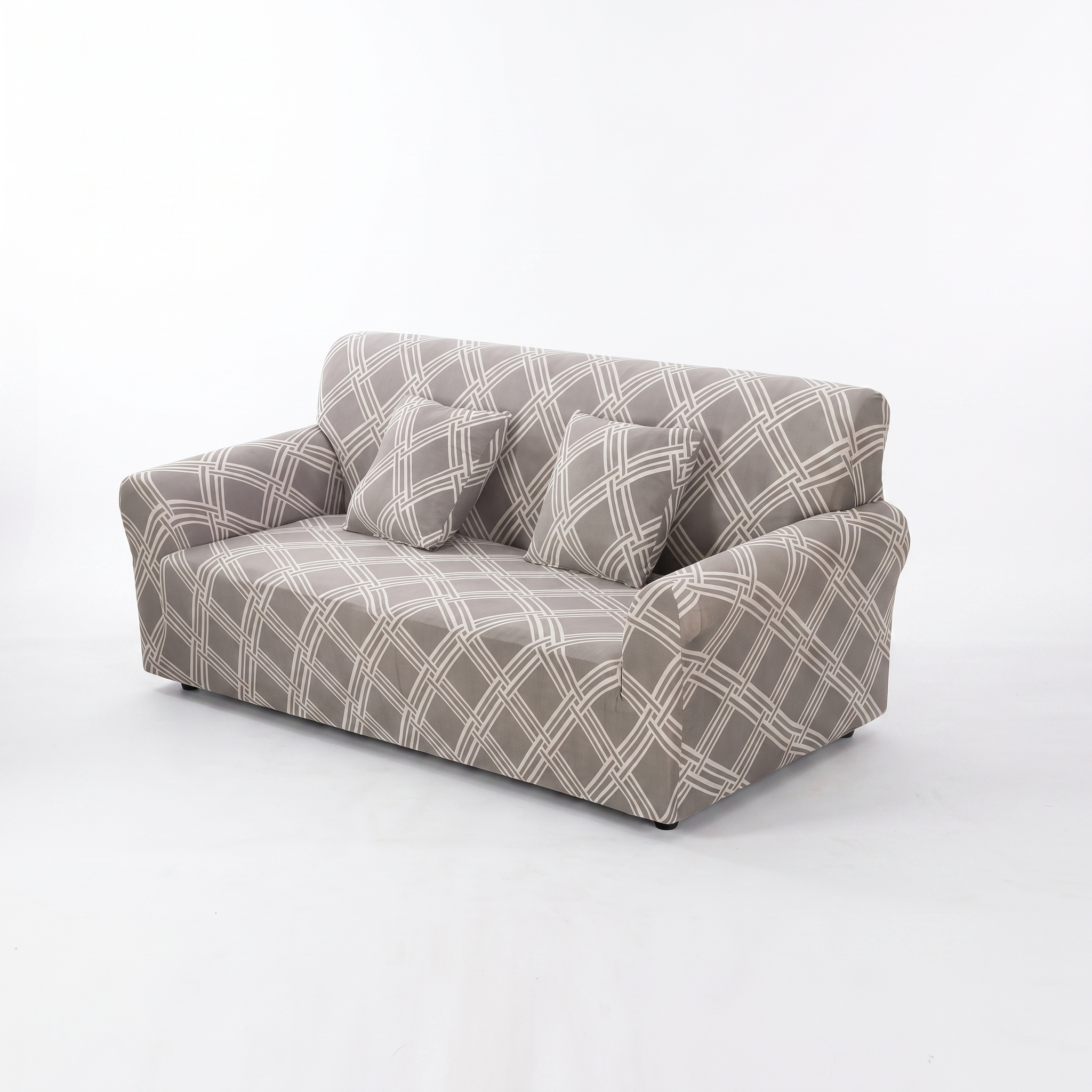 Stretch Sofa Slipcover – Grey White Crosshatch Lattice Print – product photo on a white background | Brivenzo