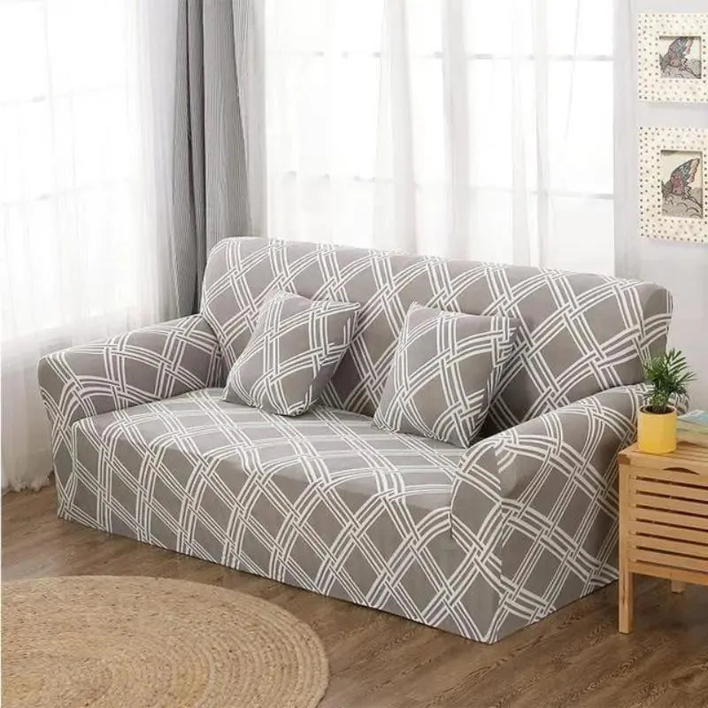 Stretch Sofa Slipcover – Grey White Crosshatch Lattice Print – product view 4 | Brivenzo