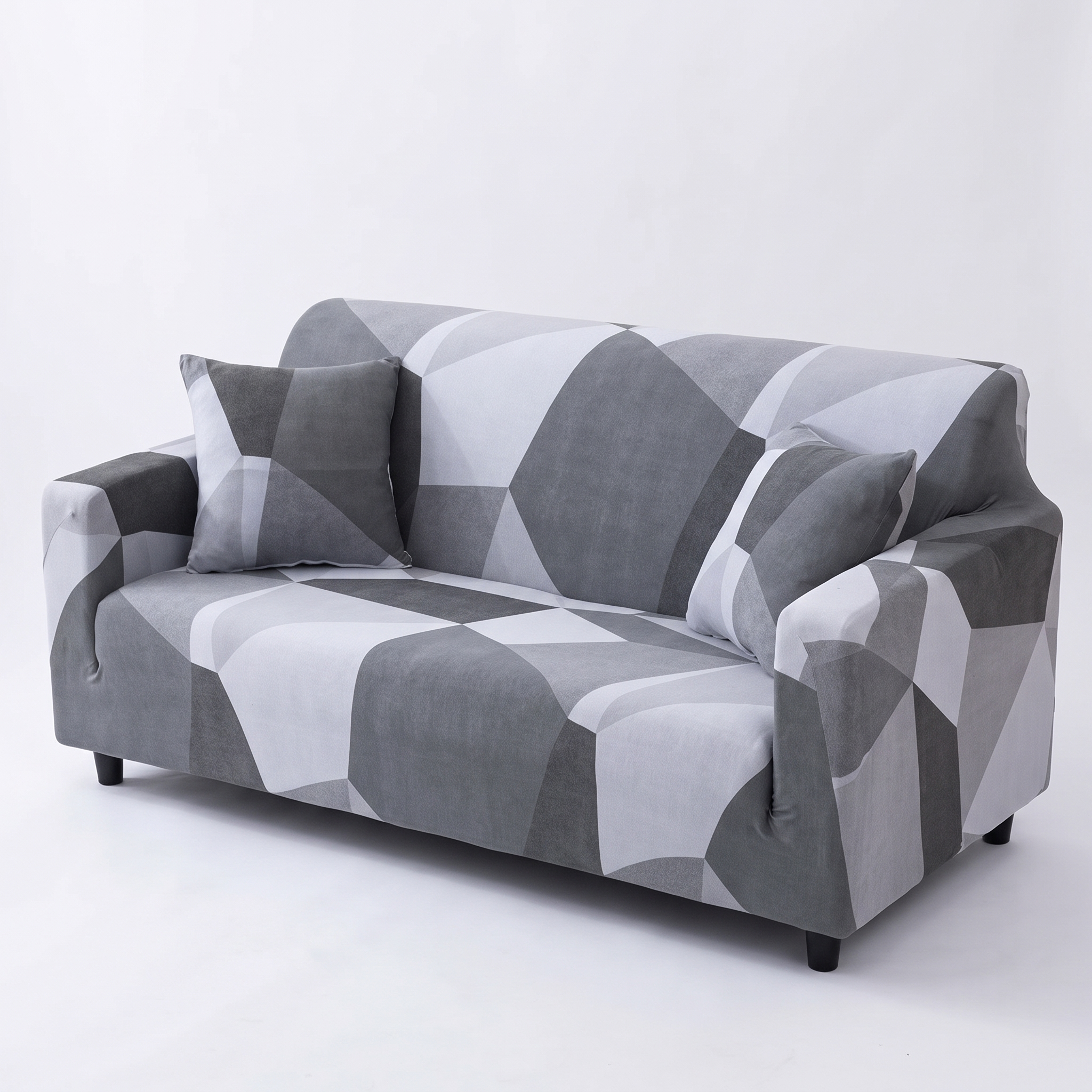 Stretch Sofa Slipcover – Grey White Geometric Crystal Print – product photo on a white background | Brivenzo