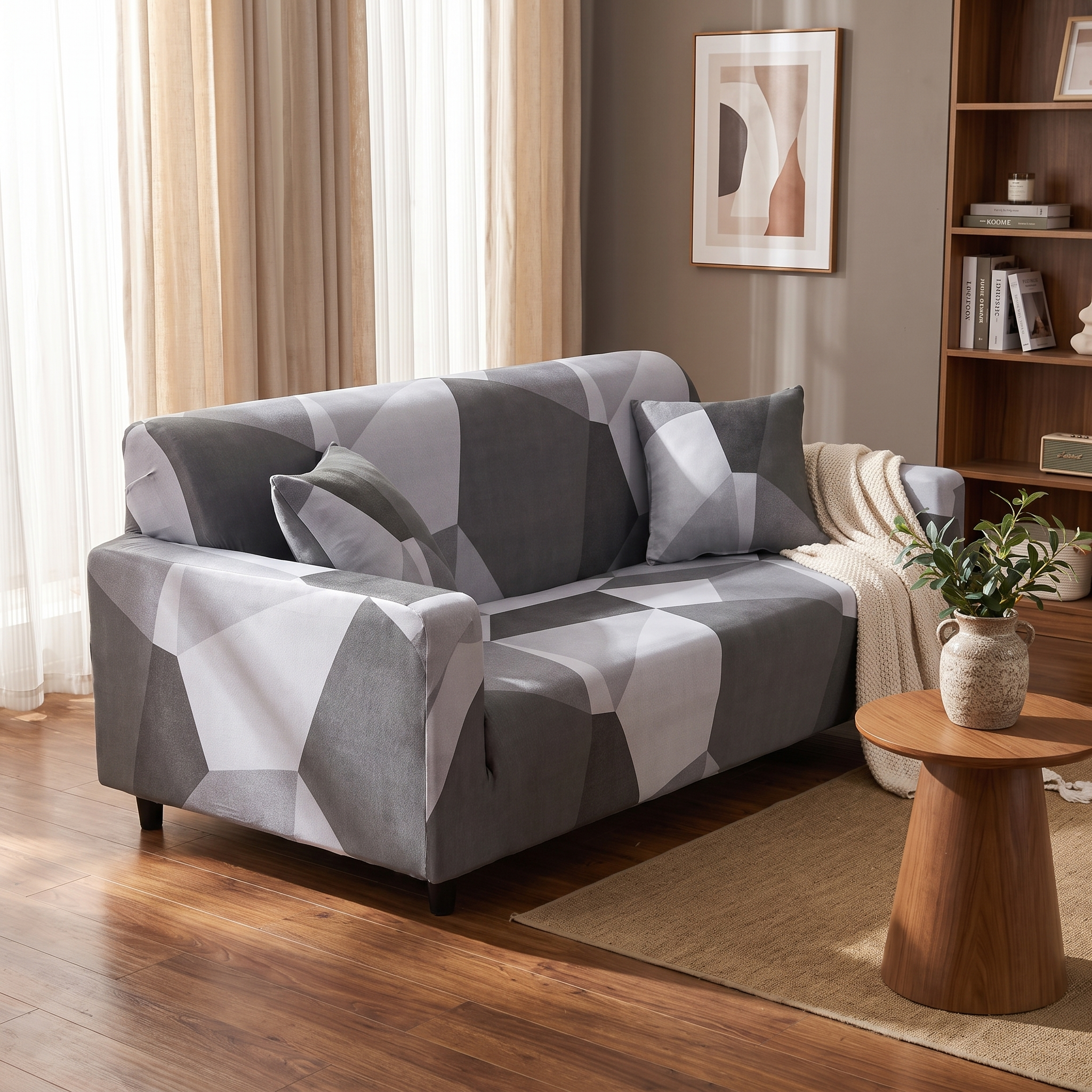 Stretch Sofa Slipcover – Grey White Geometric Crystal Print shown in a styled home interior | Brivenzo