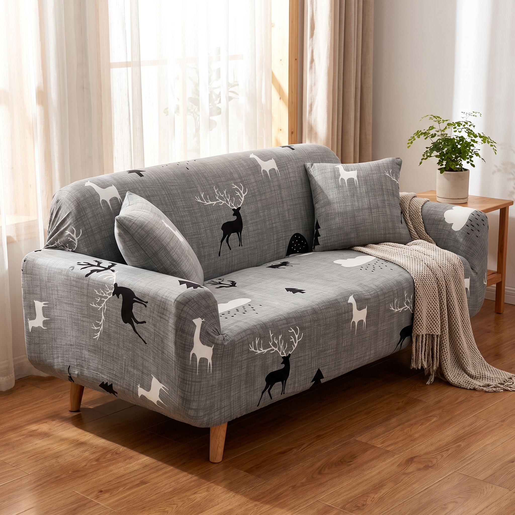 Stretch Sofa Slipcover – Grey Woodland Deer Print shown in a styled home interior | Brivenzo