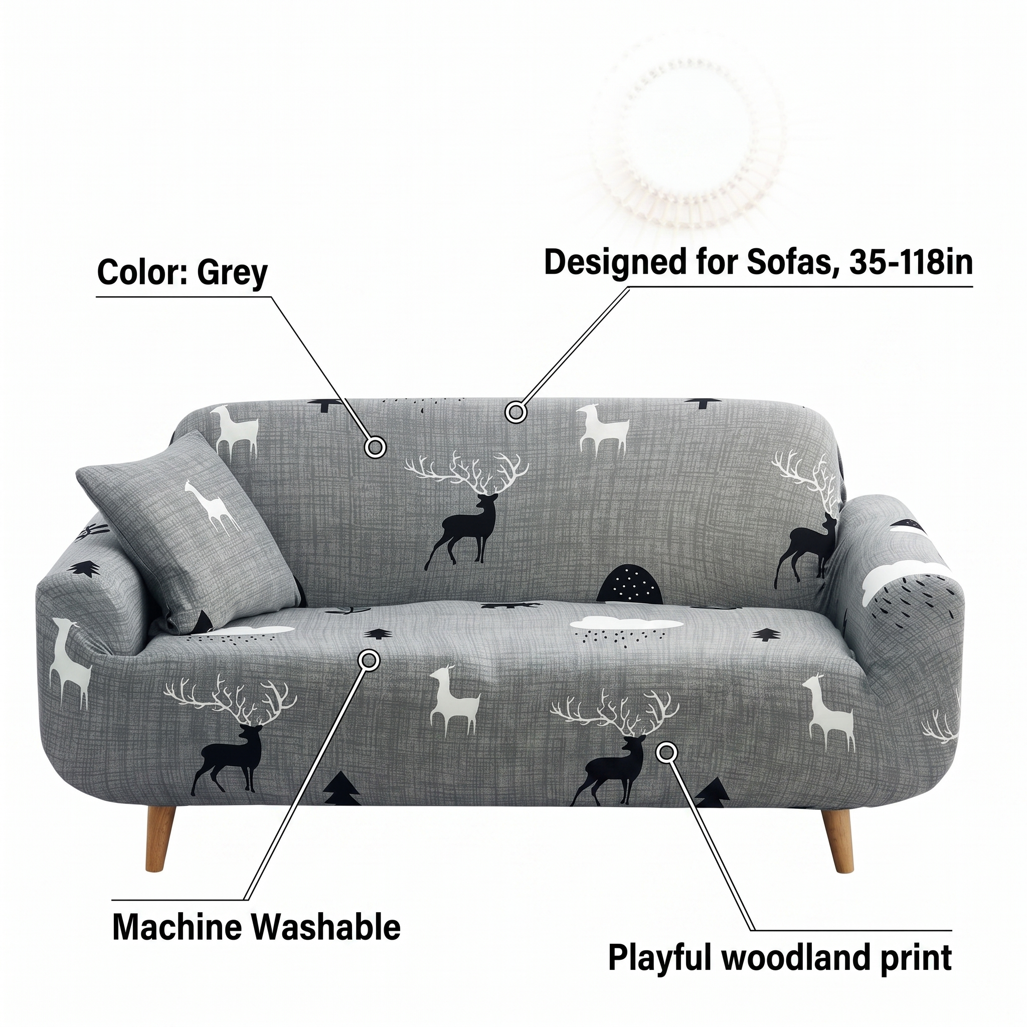 Stretch Sofa Slipcover – Grey Woodland Deer Print – features and specifications overview | Brivenzo