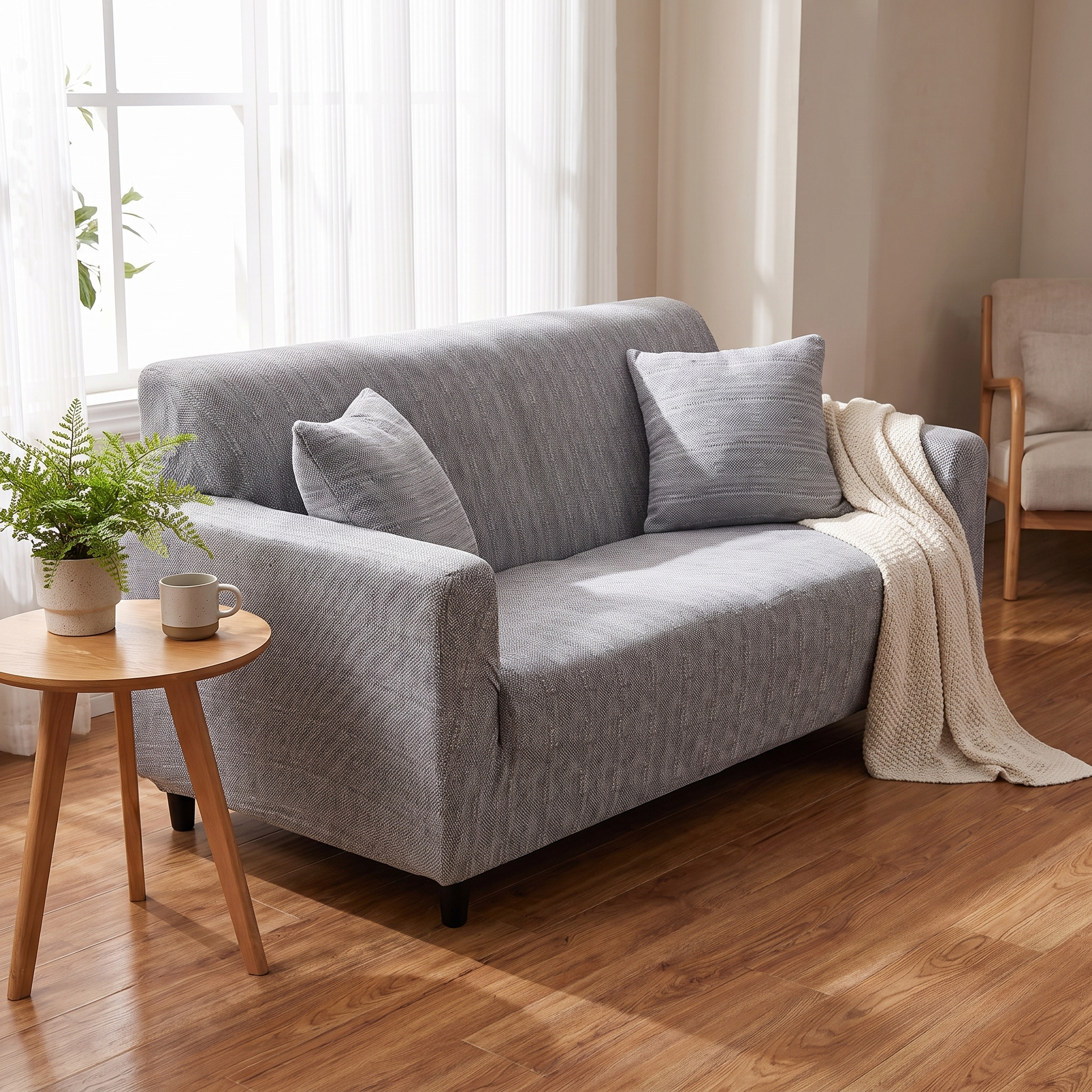 Stretch Sofa Slipcover – Grey Woven Texture shown in a styled home interior | Brivenzo
