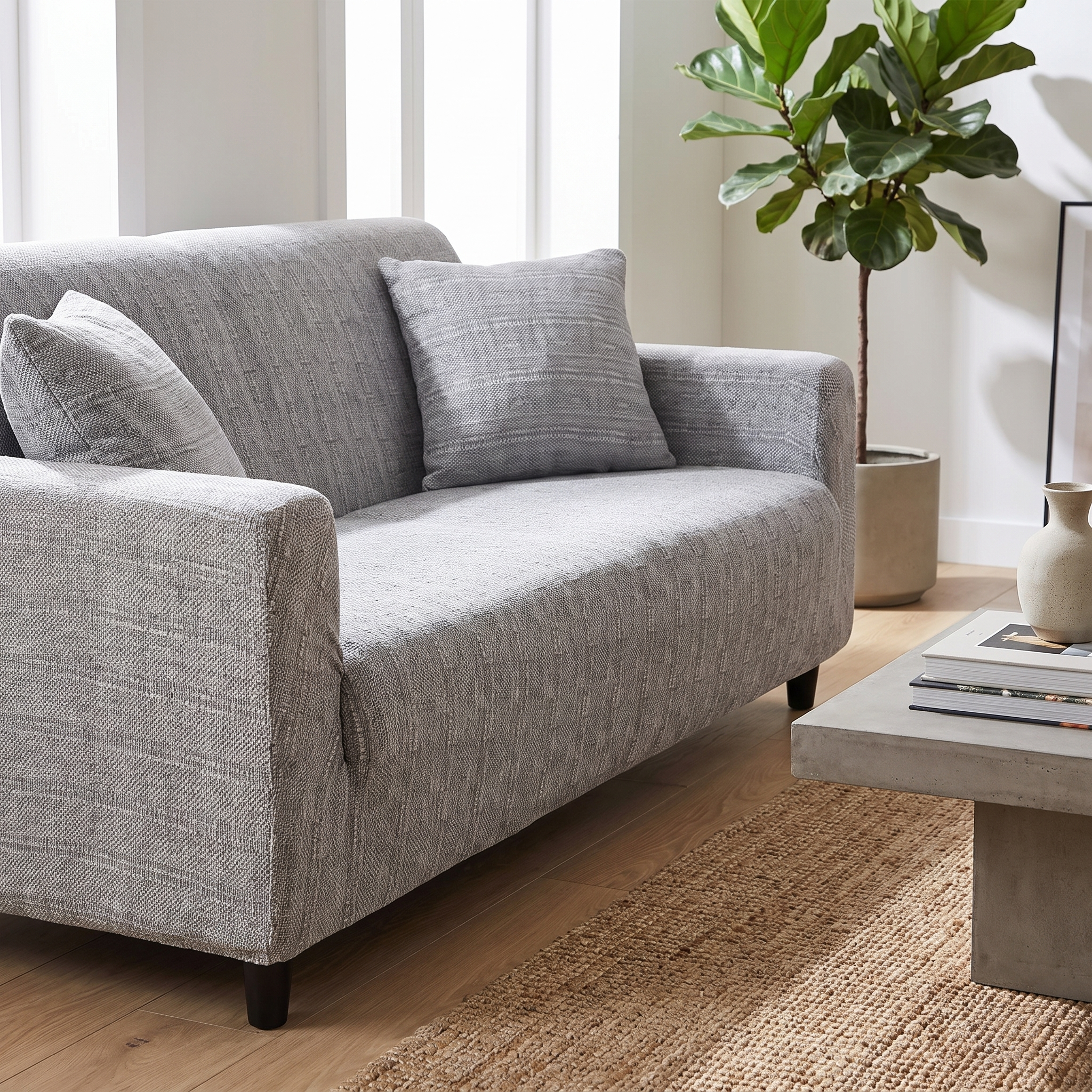 Stretch Sofa Slipcover – Grey Woven Texture – product view 6 | Brivenzo