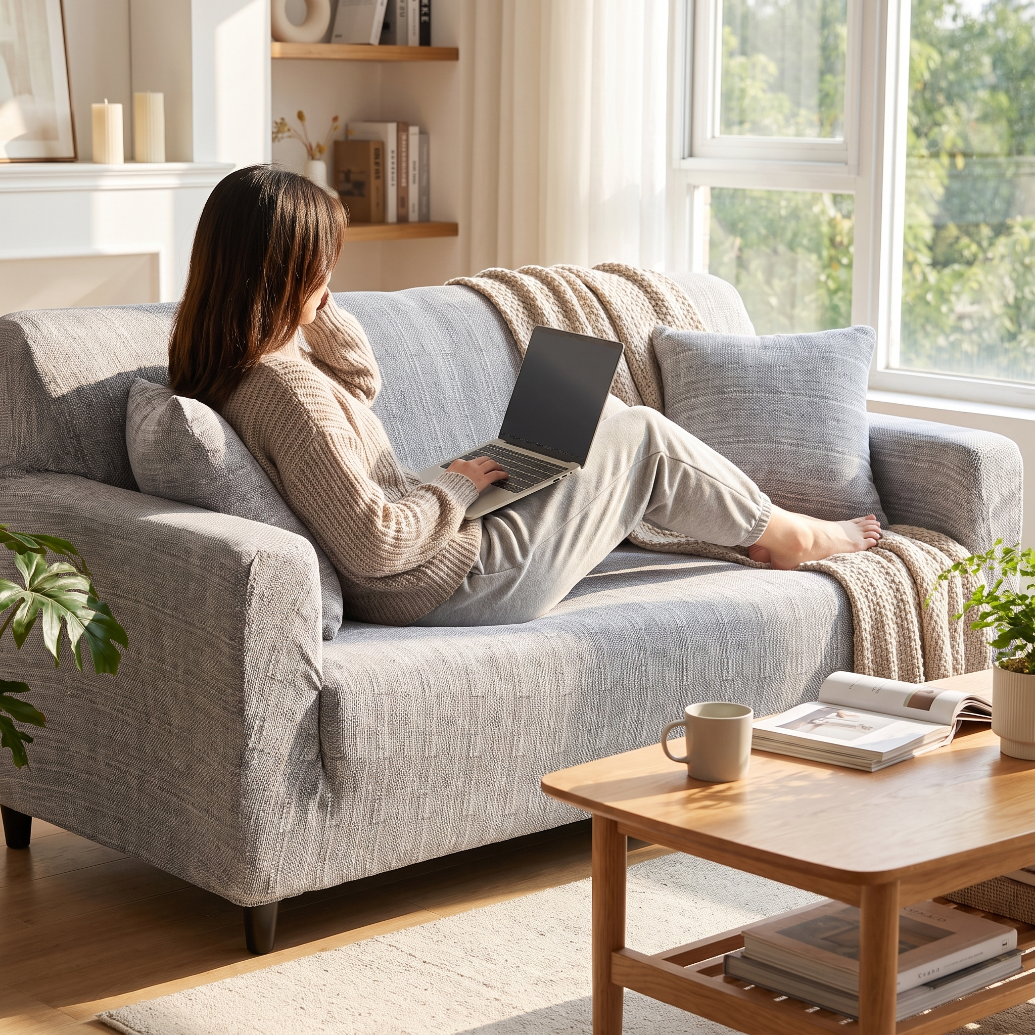 Stretch Sofa Slipcover – Grey Woven Texture – product view 7 | Brivenzo