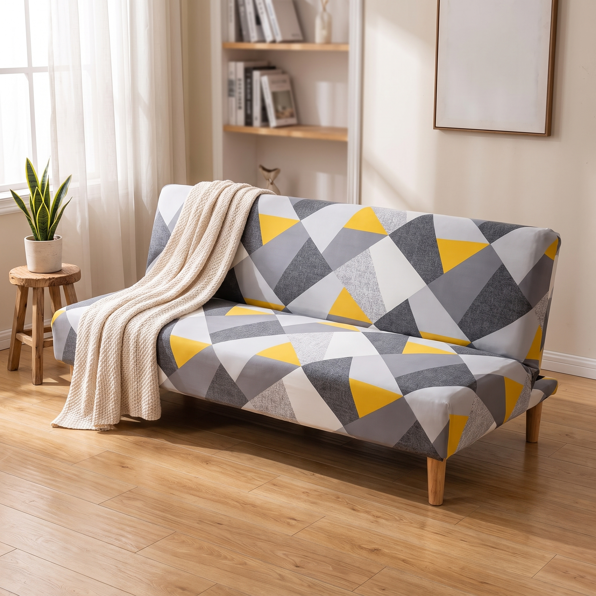 Stretch Sofa Slipcover – Grey Yellow Geometric Triangle Print Sofa Bed shown in a styled home interior | Brivenzo