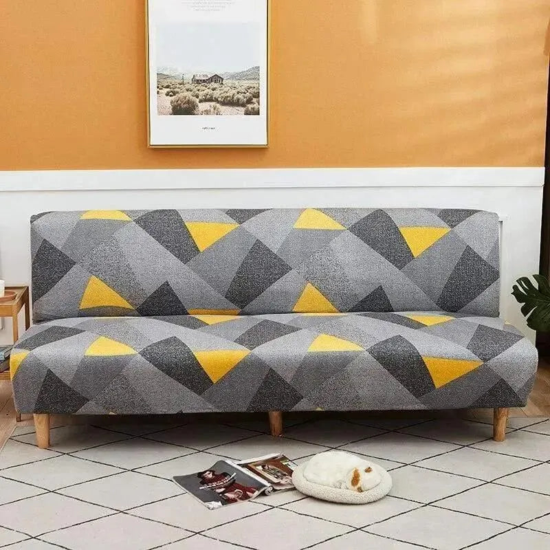 Stretch Sofa Slipcover – Grey Yellow Geometric Triangle Print Sofa Bed – product view 4 | Brivenzo