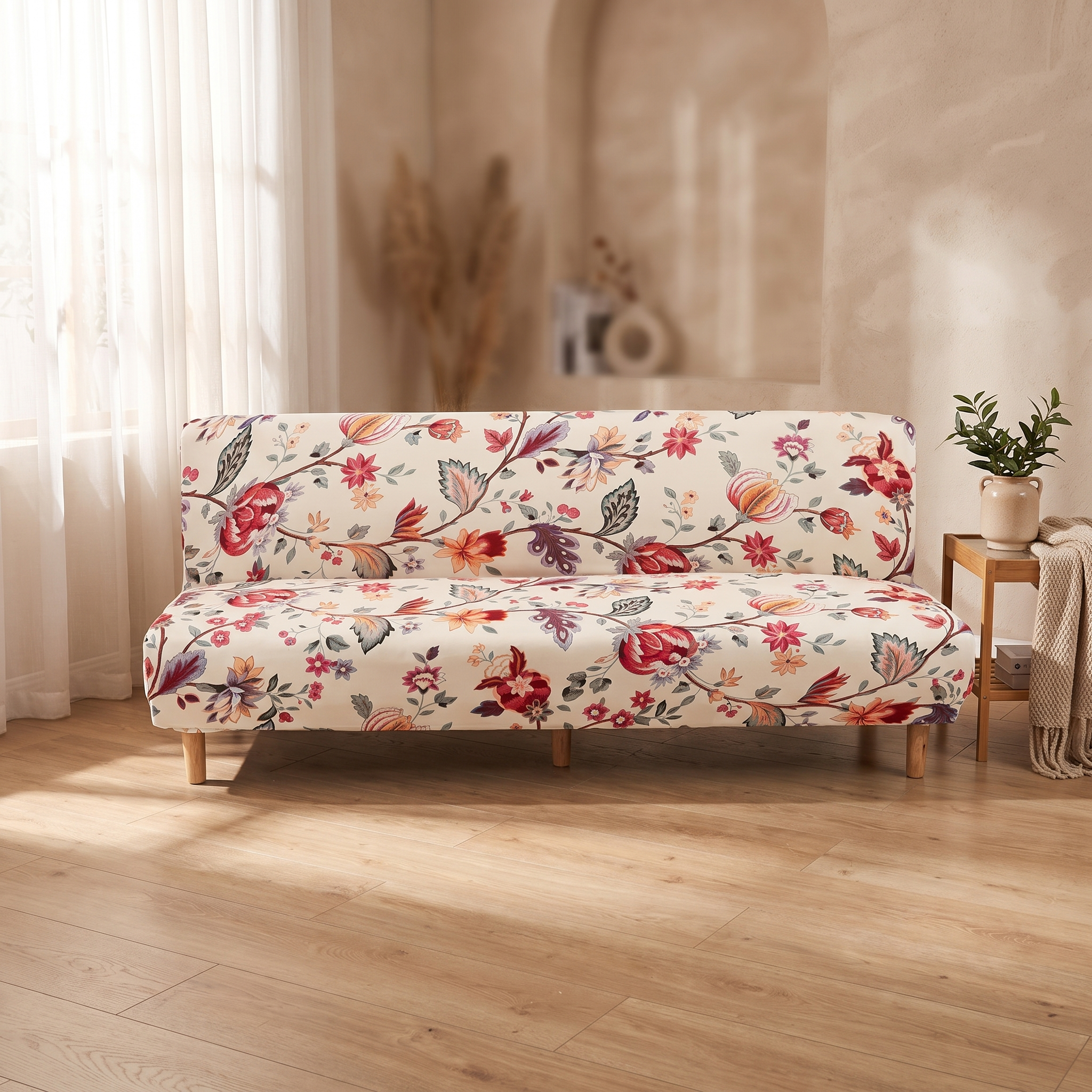 Stretch Sofa Slipcover – Ivory Red Floral Print Sofa Bed shown in a styled home interior | Brivenzo