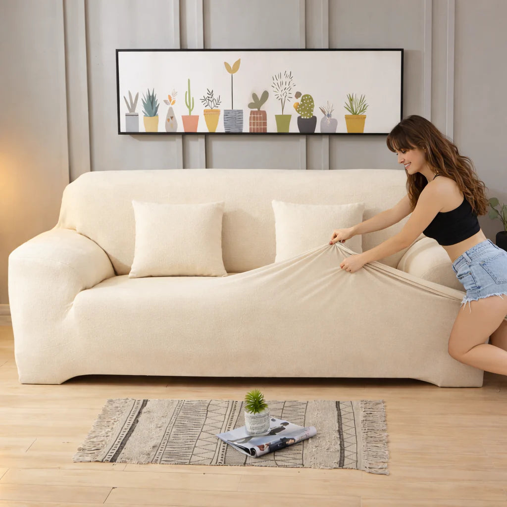 Stretch Sofa Slipcover – Ivory Velvet – product view 5 | Brivenzo