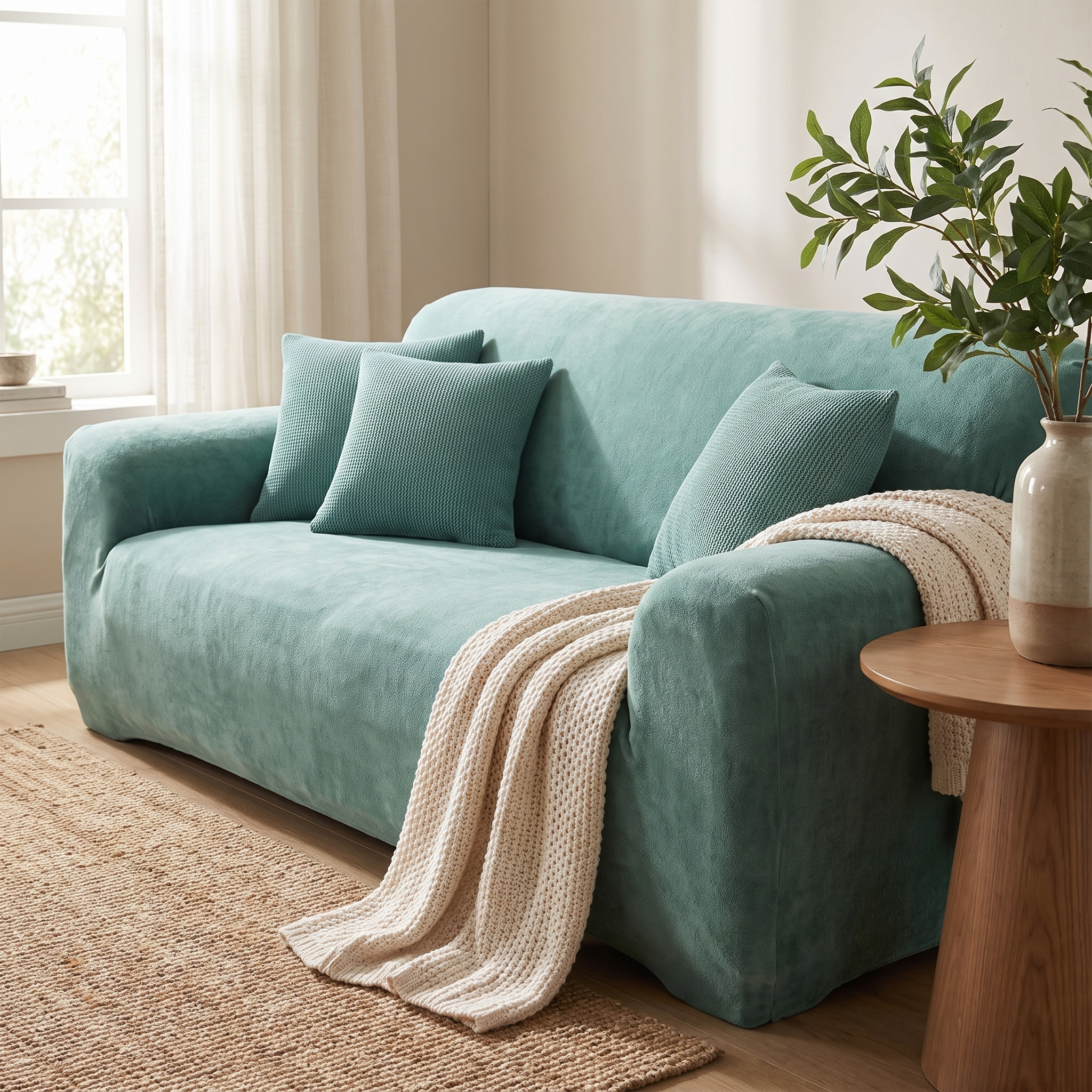 Stretch Sofa Slipcover – Lake Green Velvet shown in a styled home interior | Brivenzo