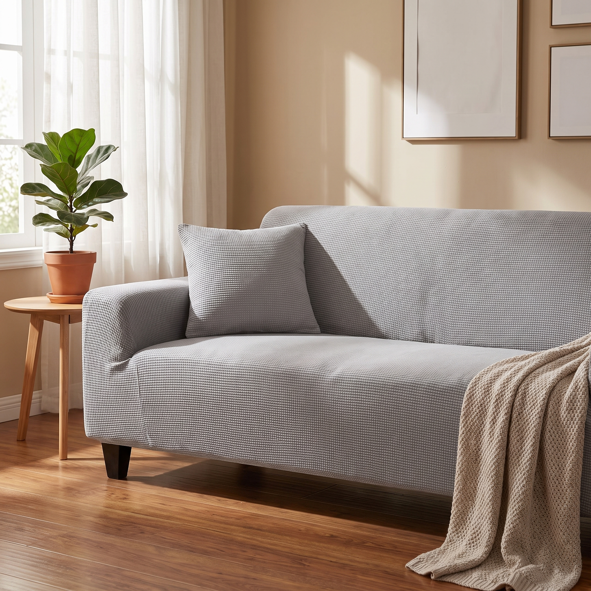 Stretch Sofa Slipcover – Light Grey Ribbed Stretch Fabric shown in a styled home interior | Brivenzo