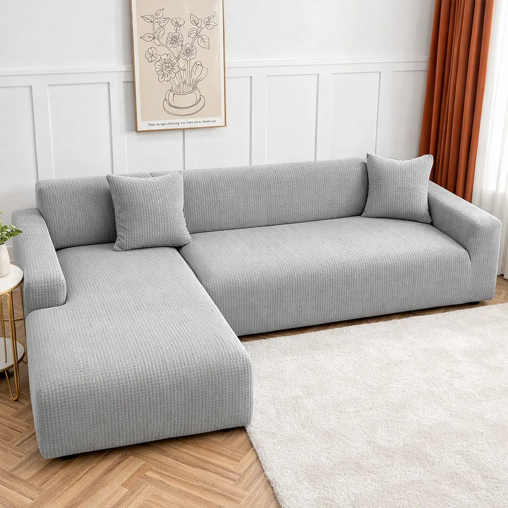 Stretch Sofa Slipcover – Light Grey Ribbed Stretch Fabric – product view 6 | Brivenzo
