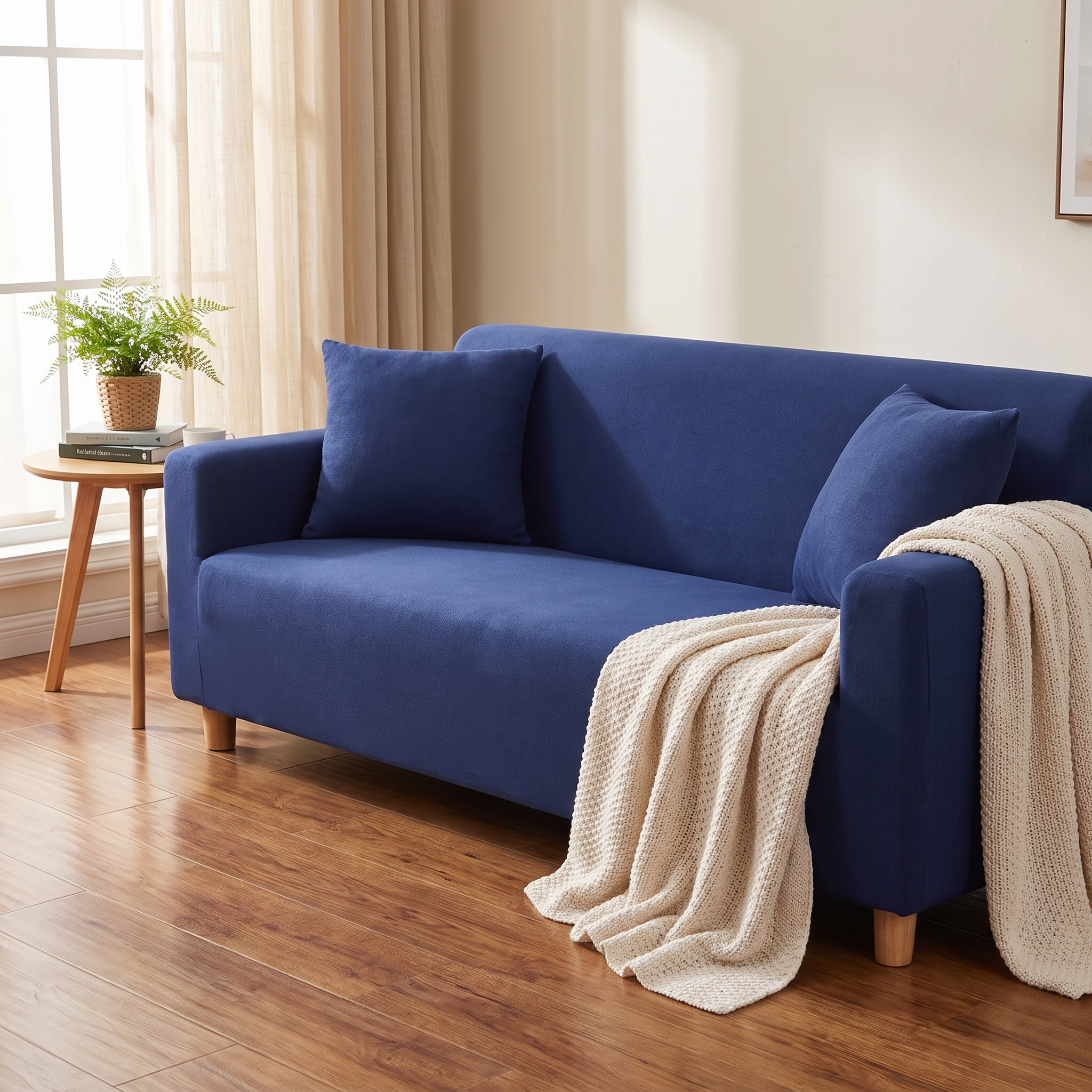 Midnight blue stretch sofa slipcover in a cozy living room
