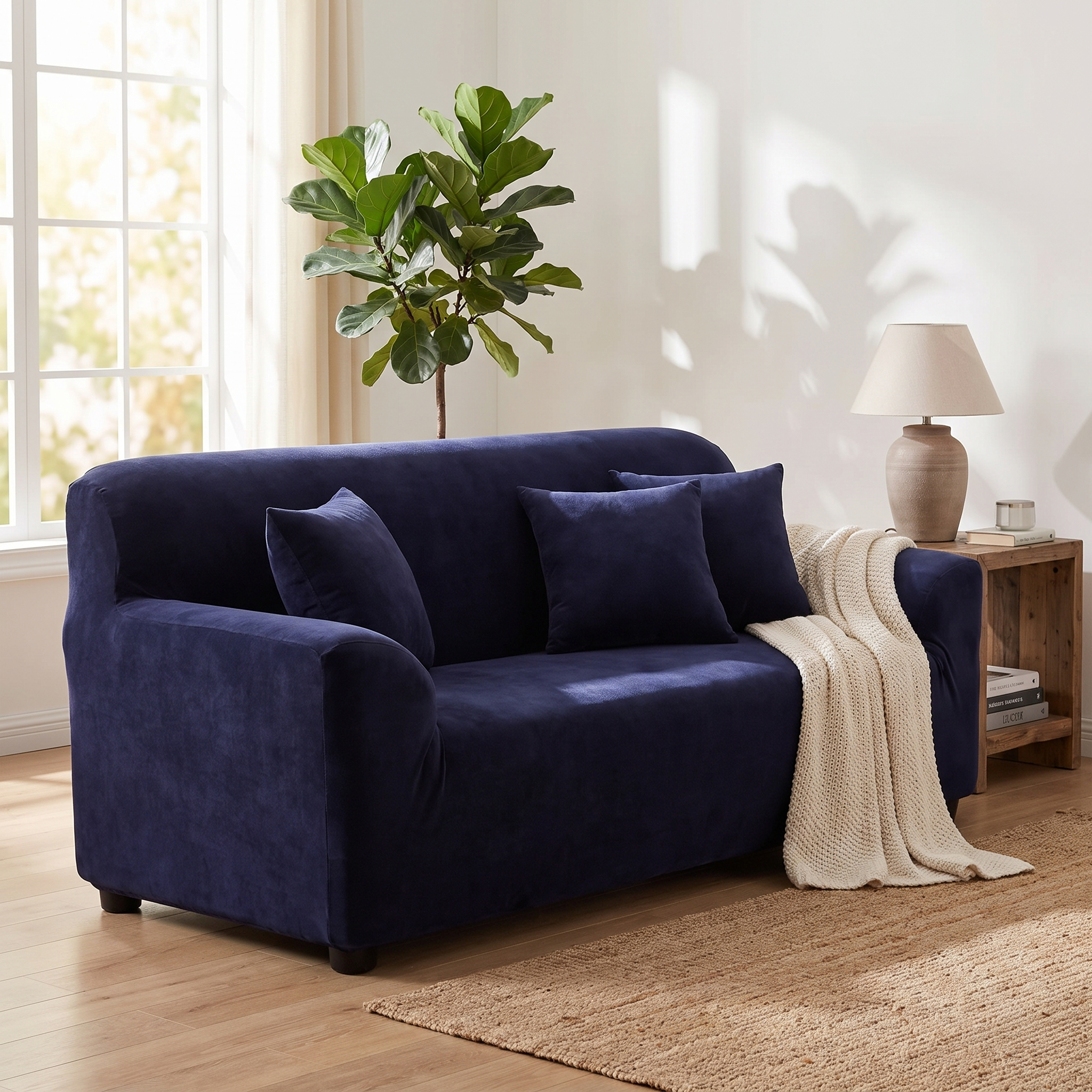 Stretch Sofa Slipcover – Midnight Blue Velvet shown in a styled home interior | Brivenzo
