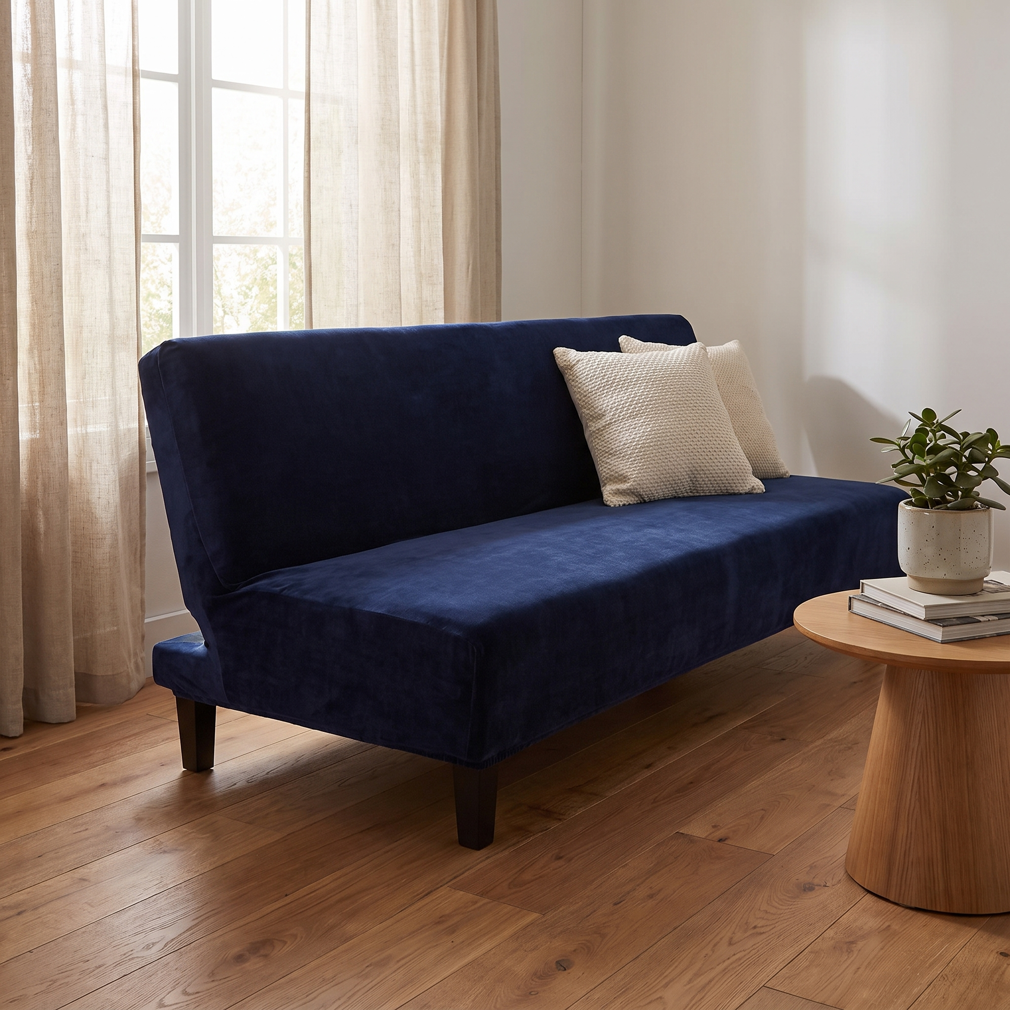 Midnight Blue Velvet armless sofa bed cover in a warm living room