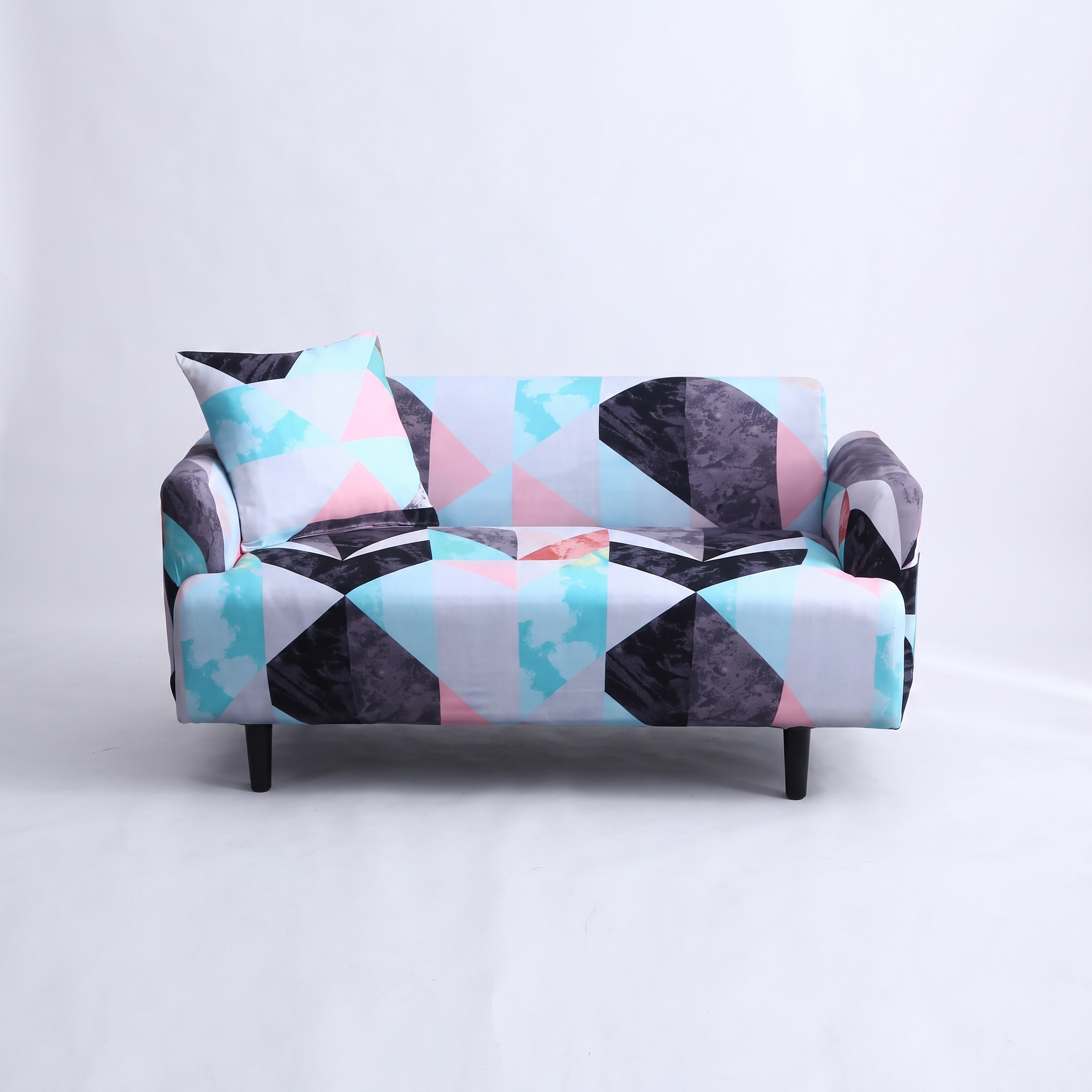 Stretch Sofa Slipcover – Mint Pink Black Geometric Triangle Print – product photo on a white background | Brivenzo
