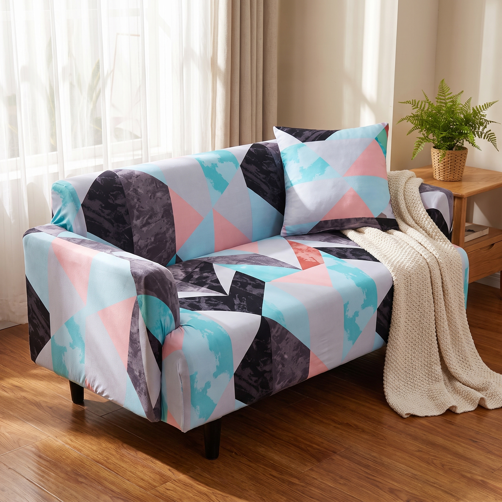 Stretch Sofa Slipcover – Mint Pink Black Geometric Triangle Print shown in a styled home interior | Brivenzo