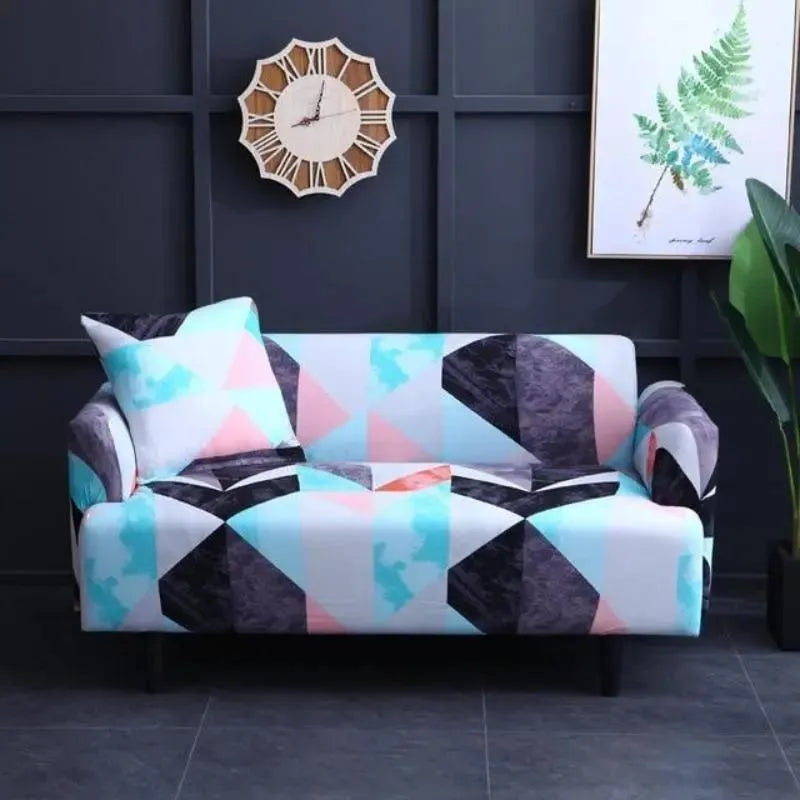 Stretch Sofa Slipcover – Mint Pink Black Geometric Triangle Print – product view 4 | Brivenzo