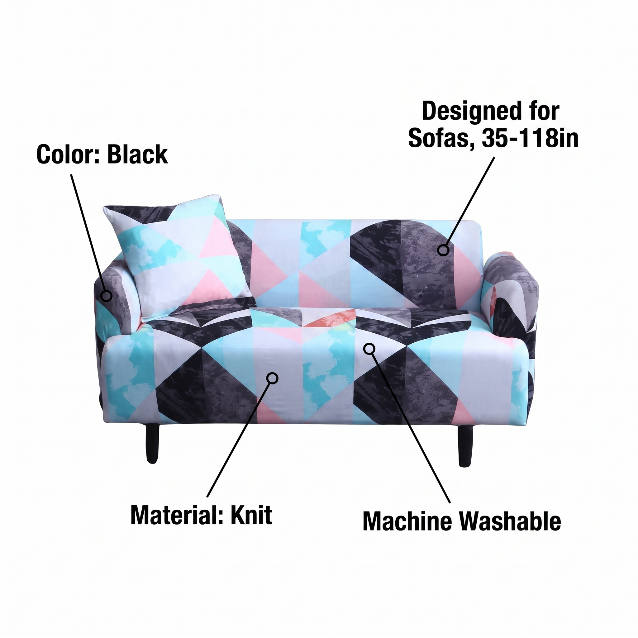Stretch Sofa Slipcover – Mint Pink Black Geometric Triangle Print – features and specifications overview | Brivenzo