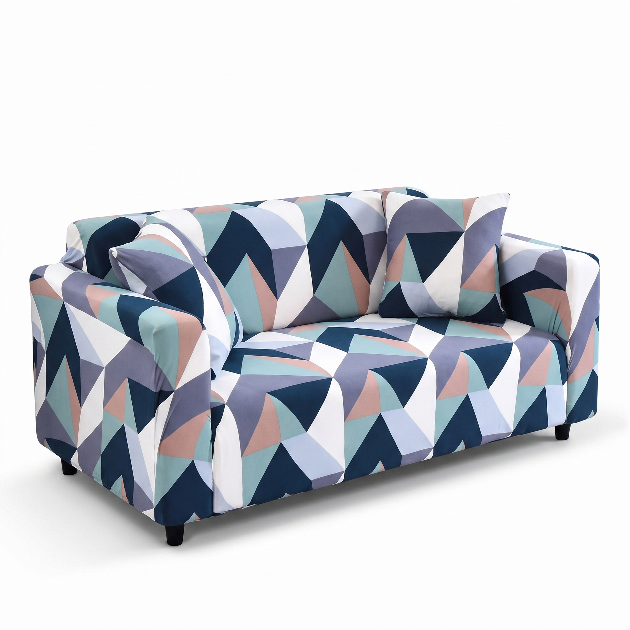 Stretch Sofa Slipcover – Navy & Coral Geometric Mosaic – product photo on a white background | Brivenzo