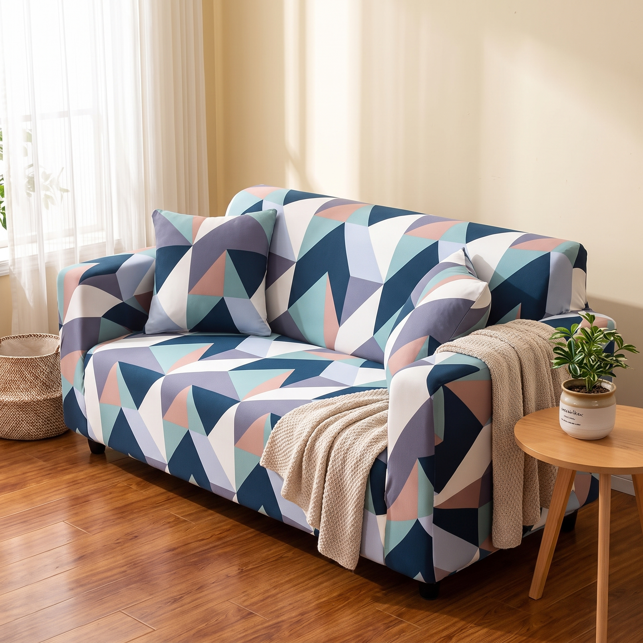 Stretch Sofa Slipcover – Navy & Coral Geometric Mosaic shown in a styled home interior | Brivenzo