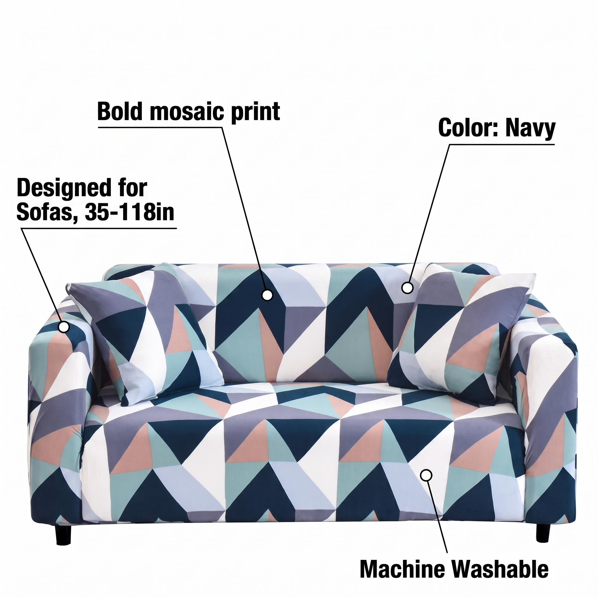 Stretch Sofa Slipcover – Navy & Coral Geometric Mosaic – features and specifications overview | Brivenzo