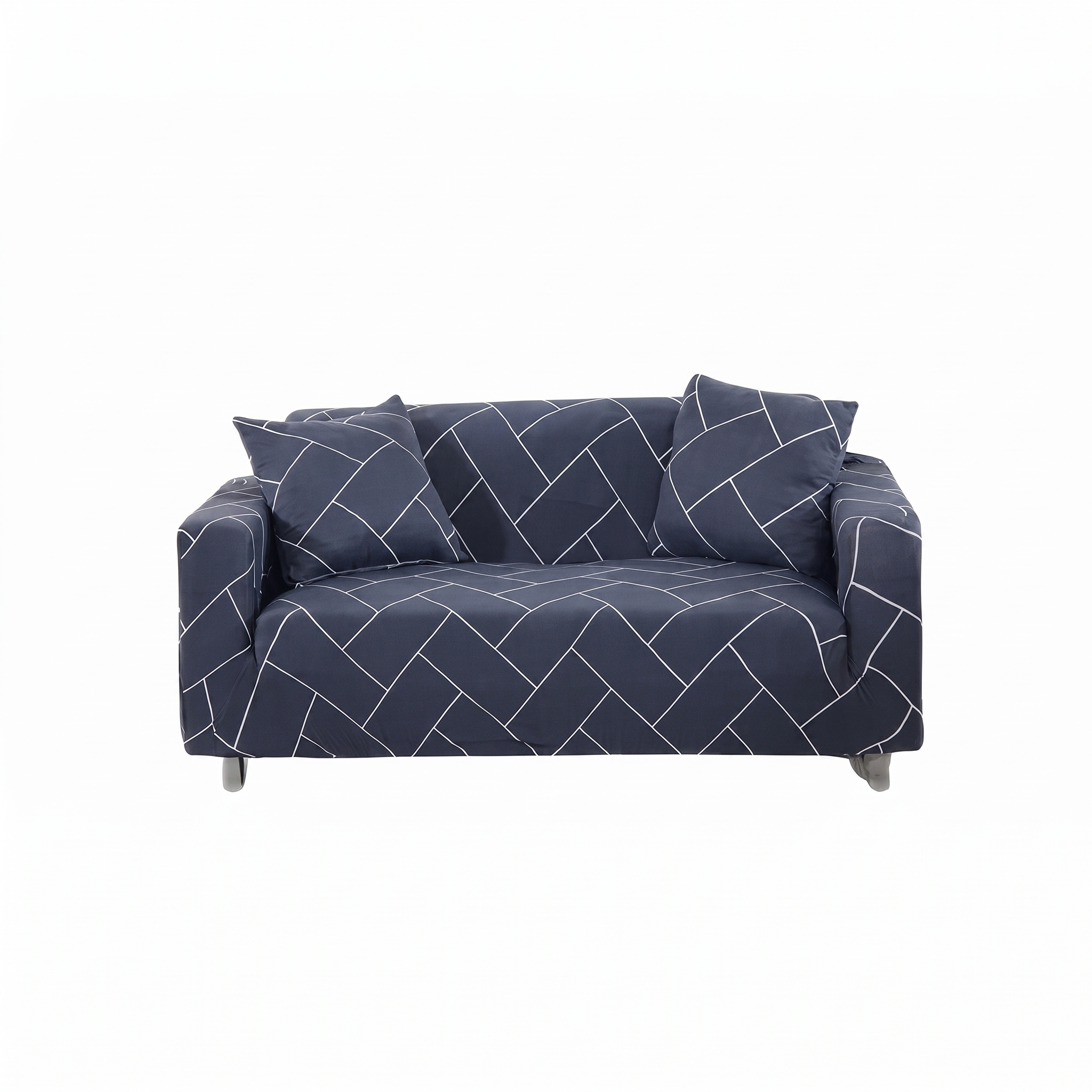 Stretch Sofa Slipcover – Navy Blue Geometric Brick Print – product photo on a white background | Brivenzo