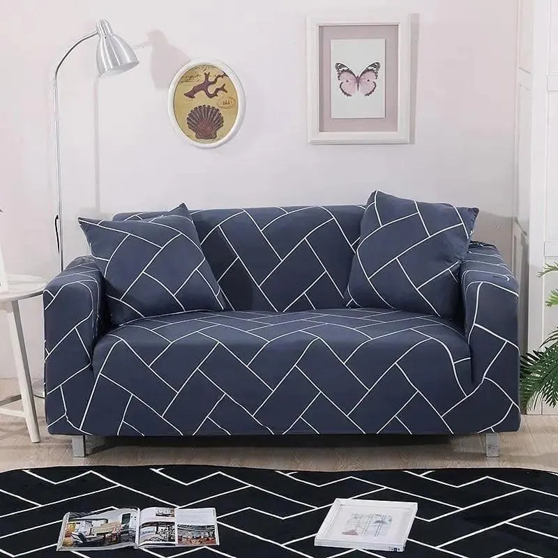 Stretch Sofa Slipcover – Navy Blue Geometric Brick Print – product view 4 | Brivenzo