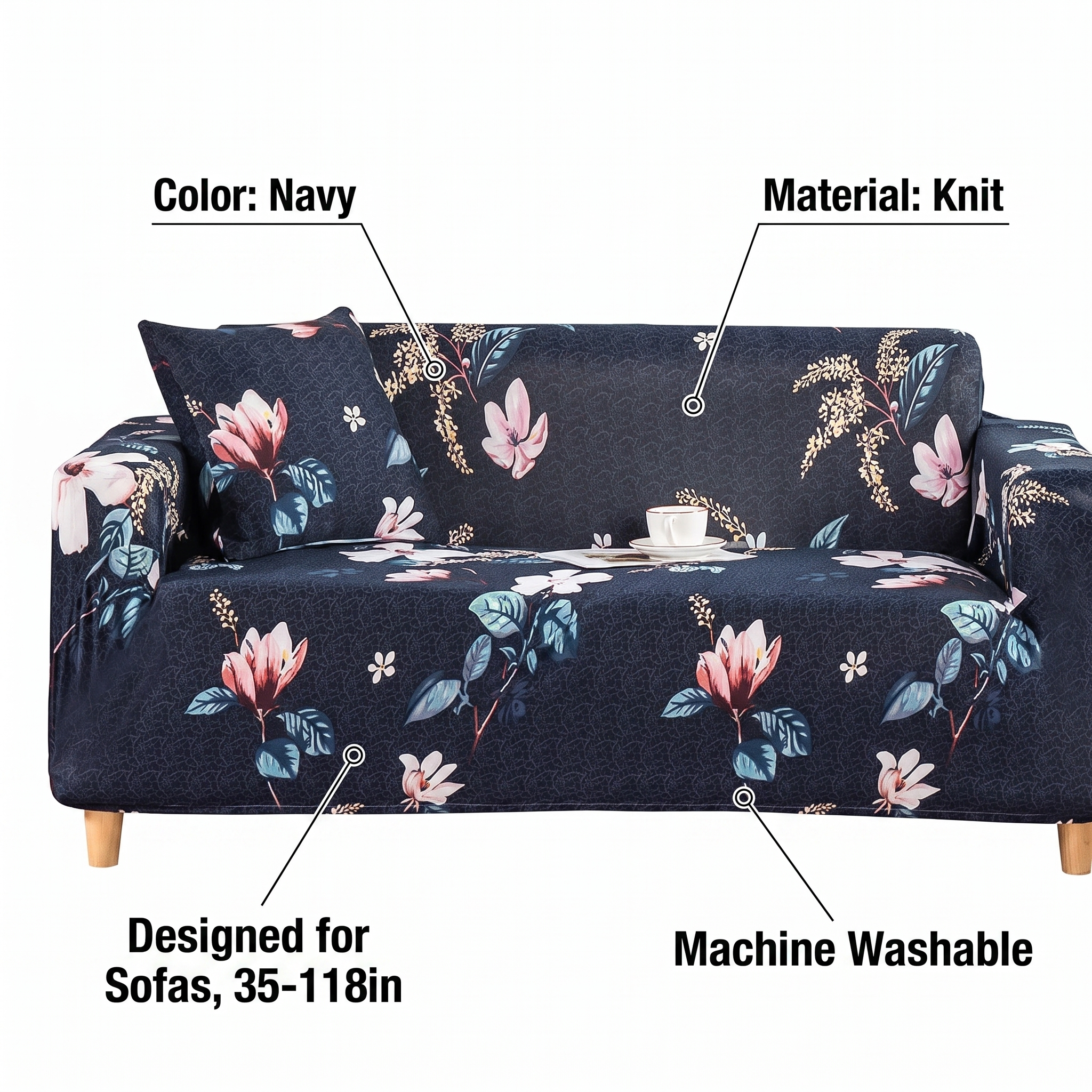 Stretch Sofa Slipcover – Navy Floral Print – features and specifications overview | Brivenzo