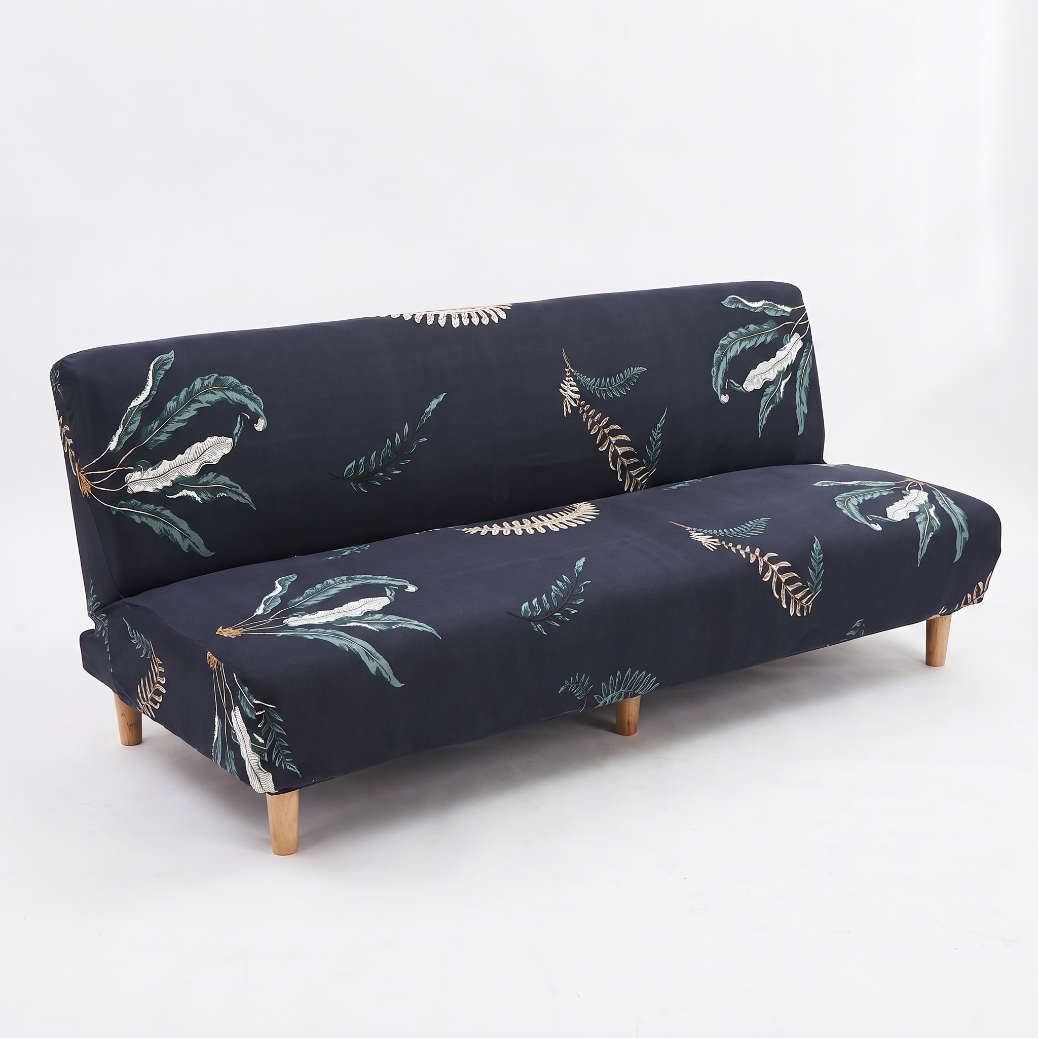 Stretch Sofa Slipcover – Navy Green Leaf Print Sofa Bed – product photo on a white background | Brivenzo
