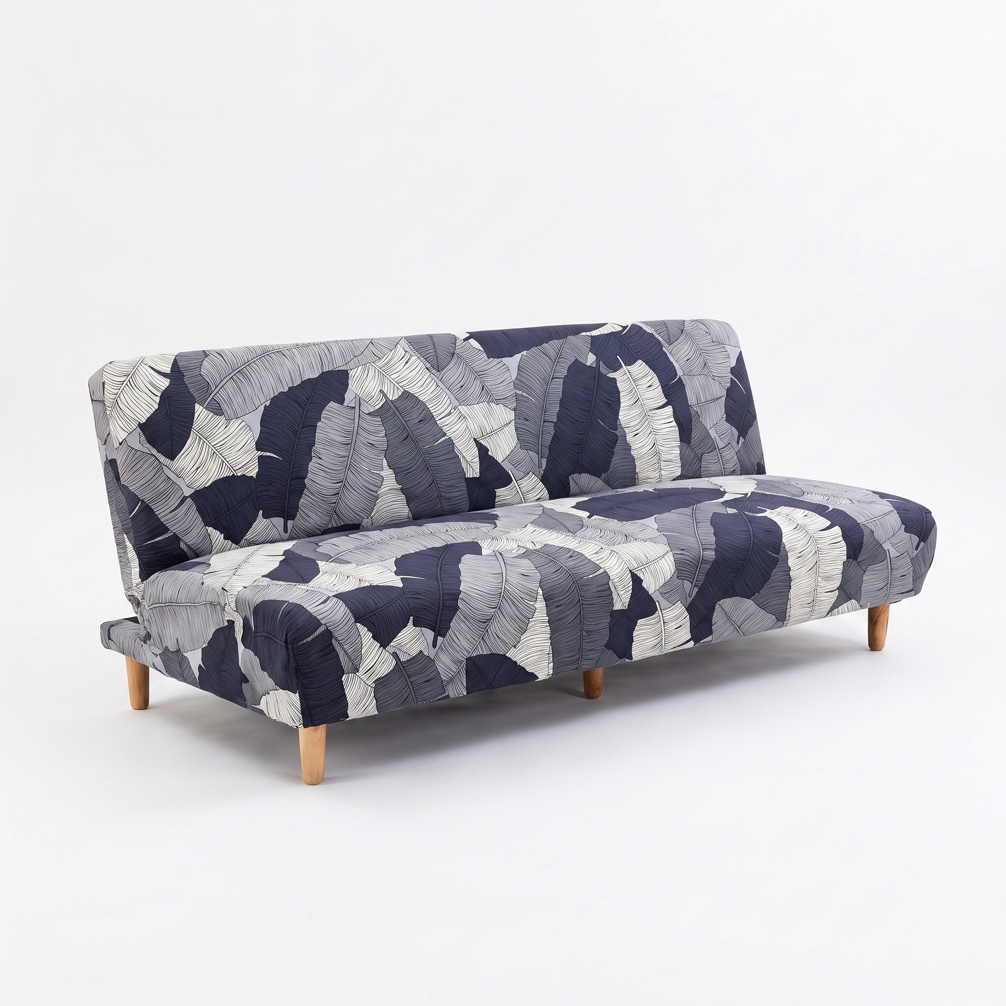 Stretch Sofa Slipcover – Navy Grey Palm Leaf Print Sofa Bed – product photo on a white background | Brivenzo