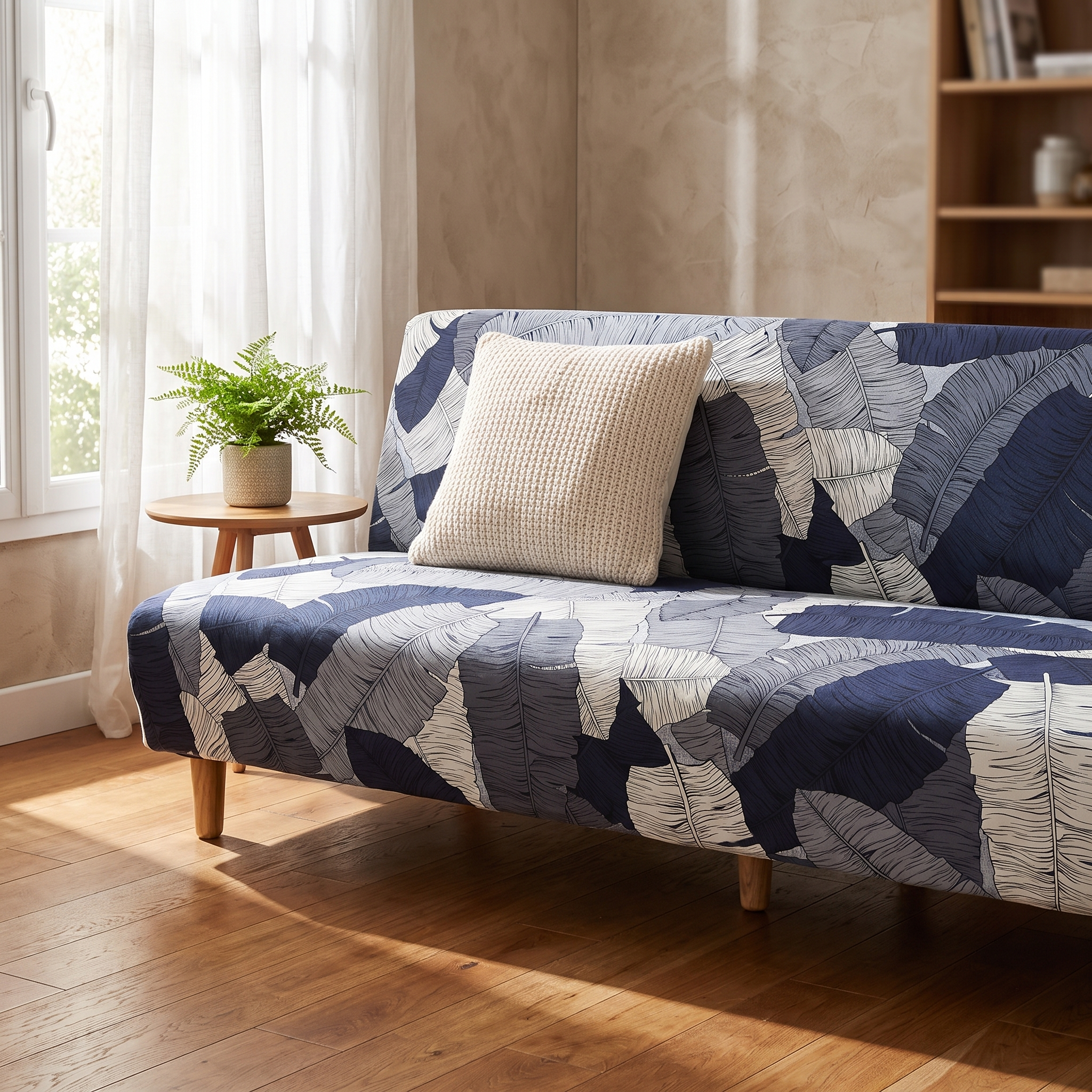 Stretch Sofa Slipcover – Navy Grey Palm Leaf Print Sofa Bed shown in a styled home interior | Brivenzo