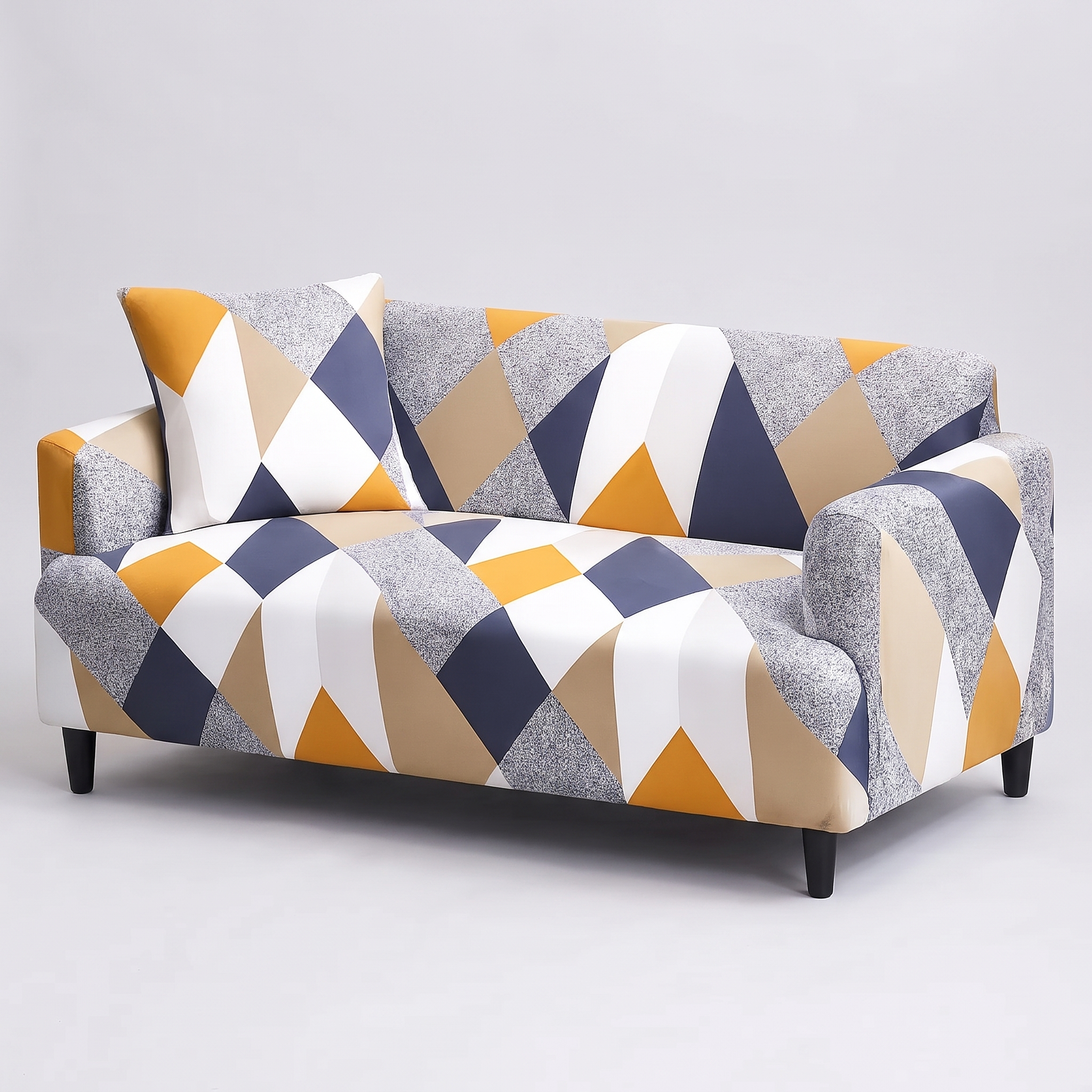 Stretch Sofa Slipcover – Navy Mustard Geometric Hexagon Print – product photo on a white background | Brivenzo