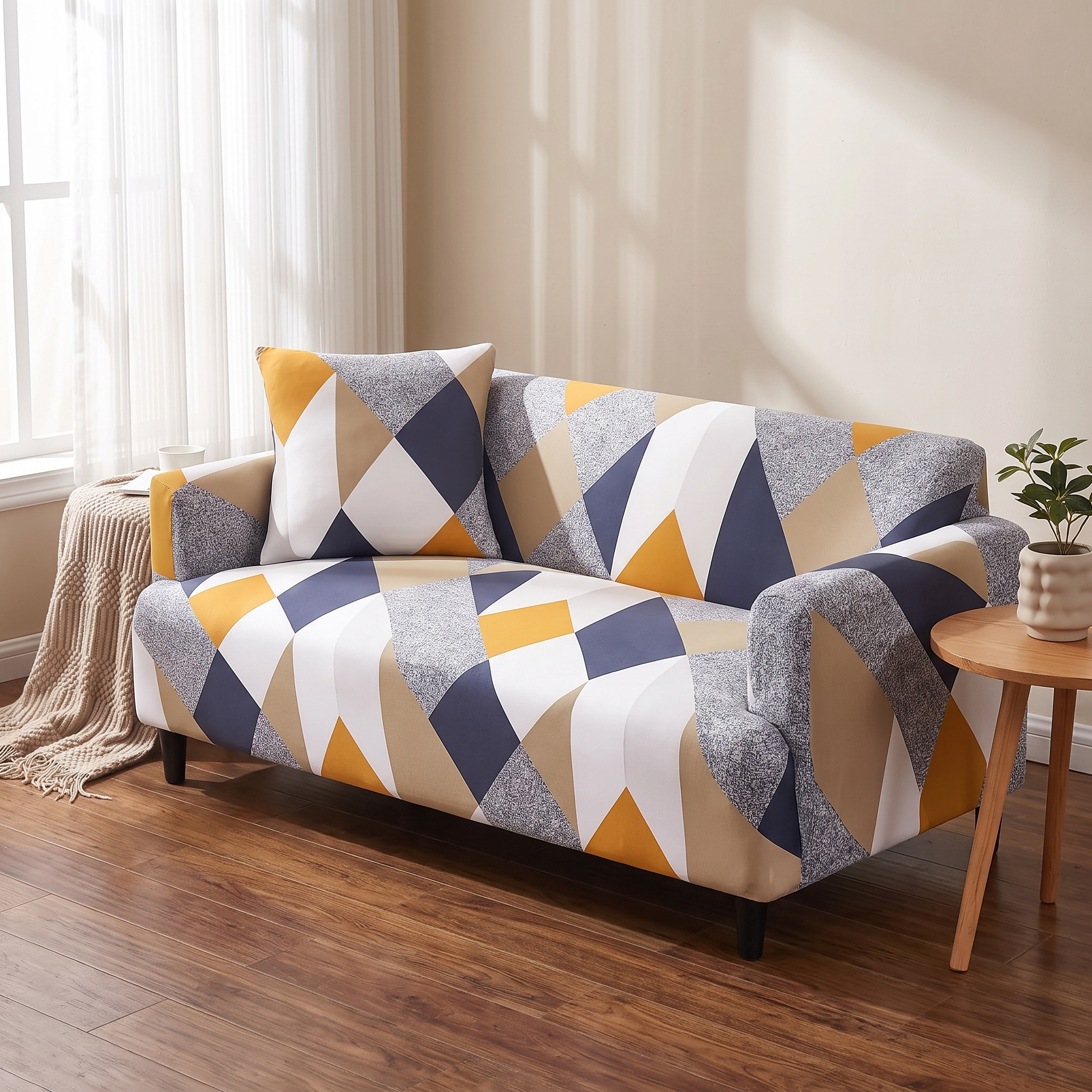 Stretch Sofa Slipcover – Navy Mustard Geometric Hexagon Print shown in a styled home interior | Brivenzo